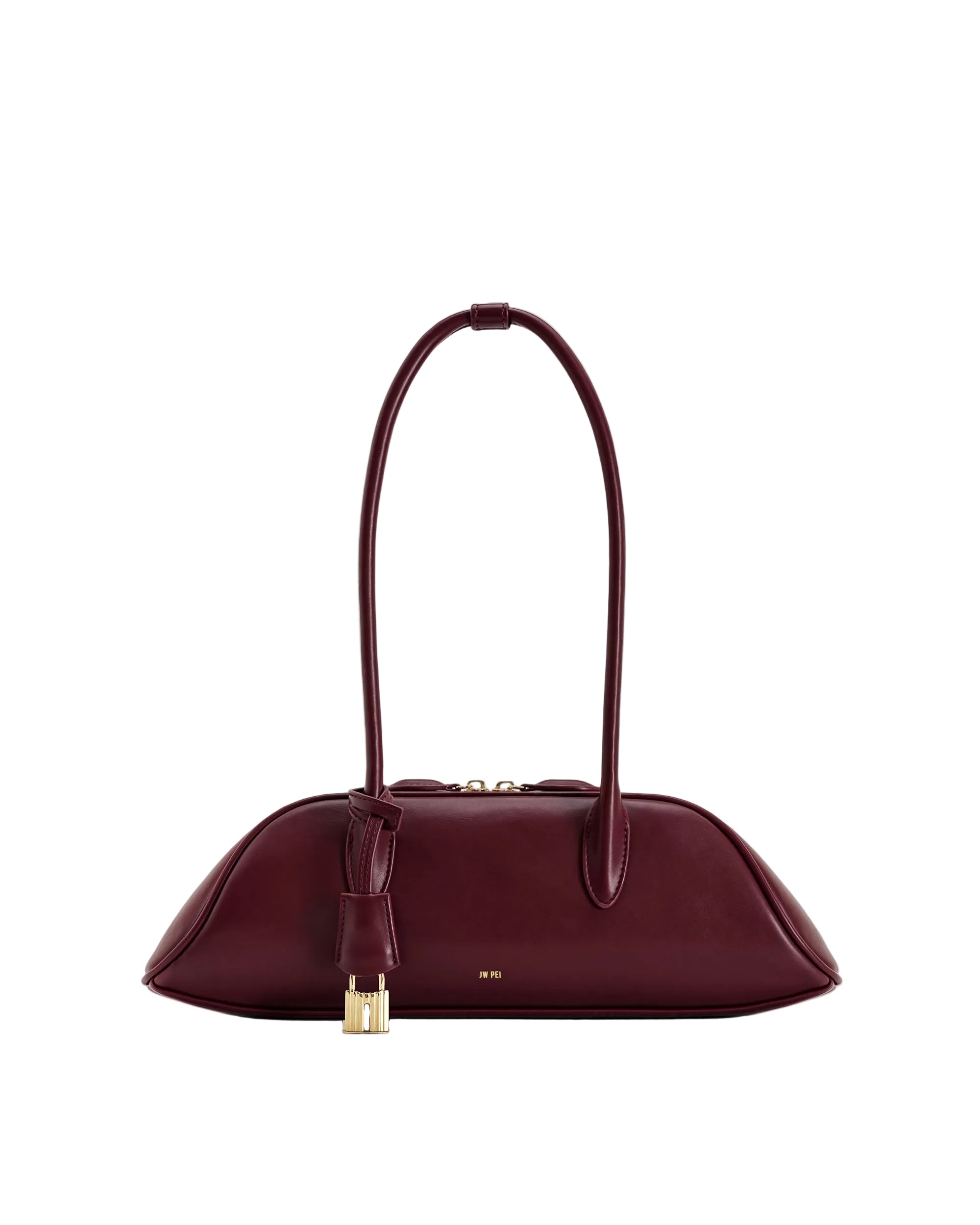 Deep claret leather shoulder bag with an elongated, structured silhouette, a single strap, gold-toned hardware, and a padlock