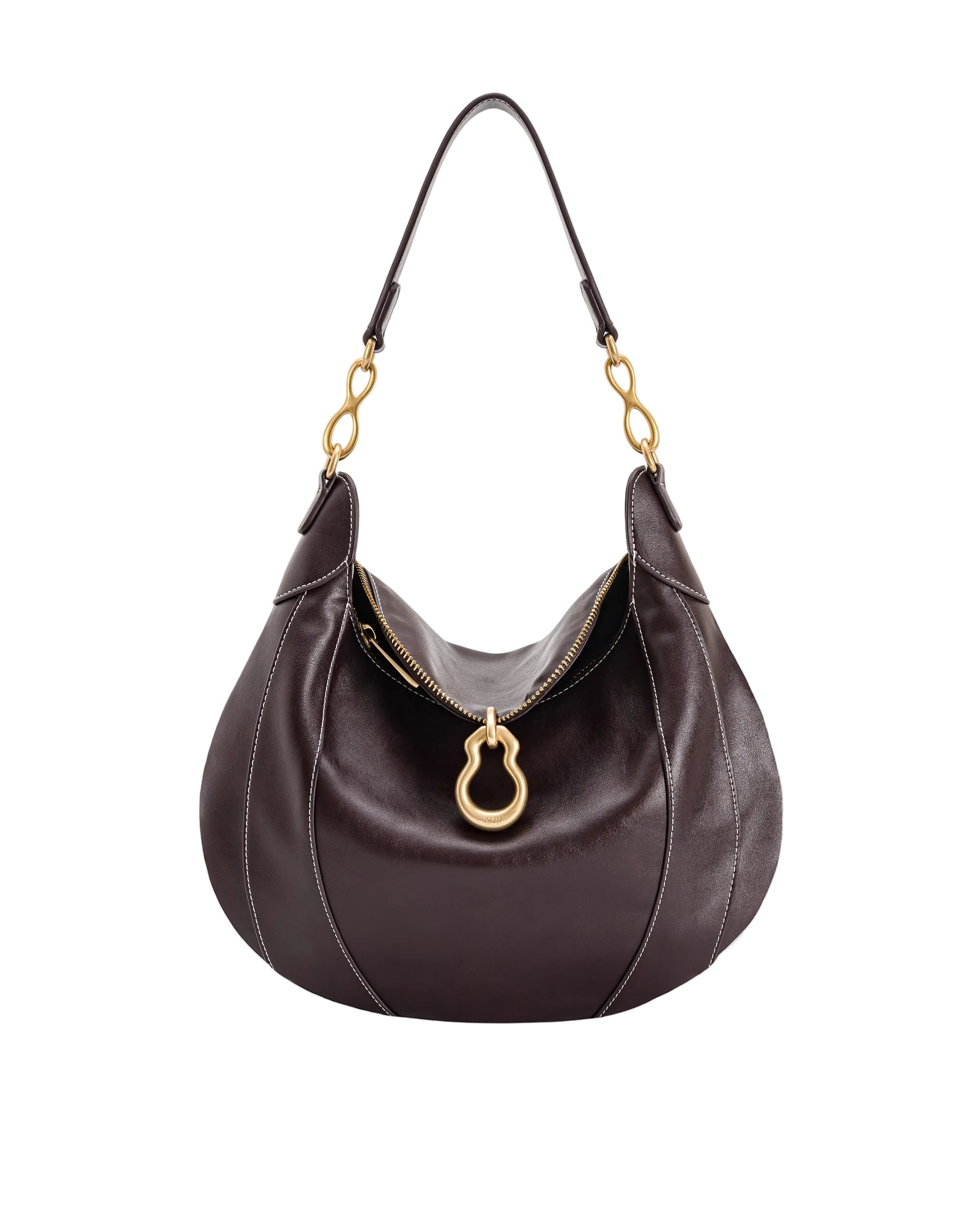 Dark brown leather shoulder bag with a soft, rounded hobo silhouette, gold-toned infinity-link chain details, and a unique pe