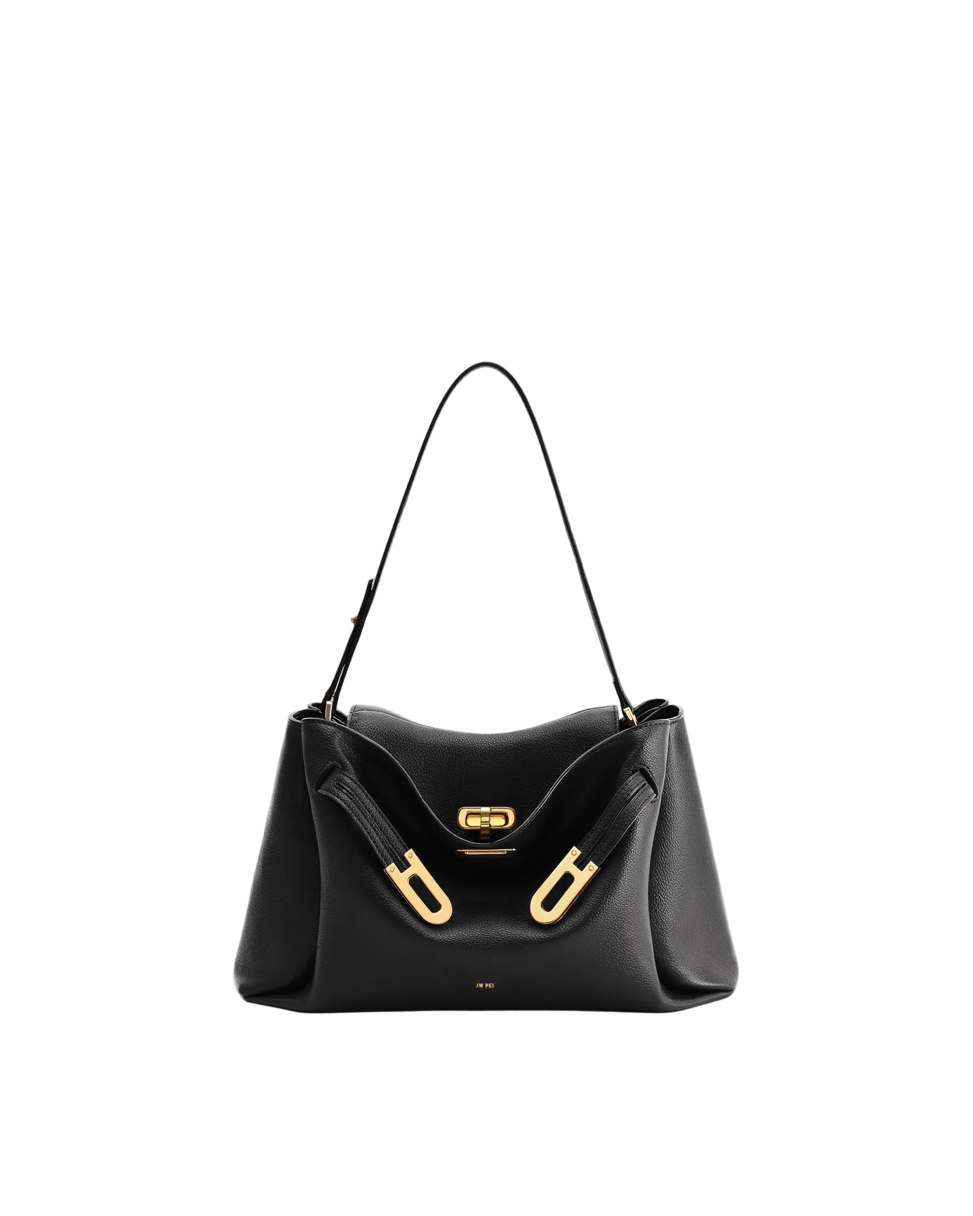 Black pebbled leather shoulder bag with a single strap, gold-toned hardware, and two decorative front buckles.