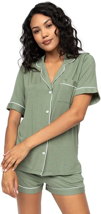 Sage green short-sleeved jersey pyjama top with revere collar, button front, chest pocket, and white piping, paired with matc