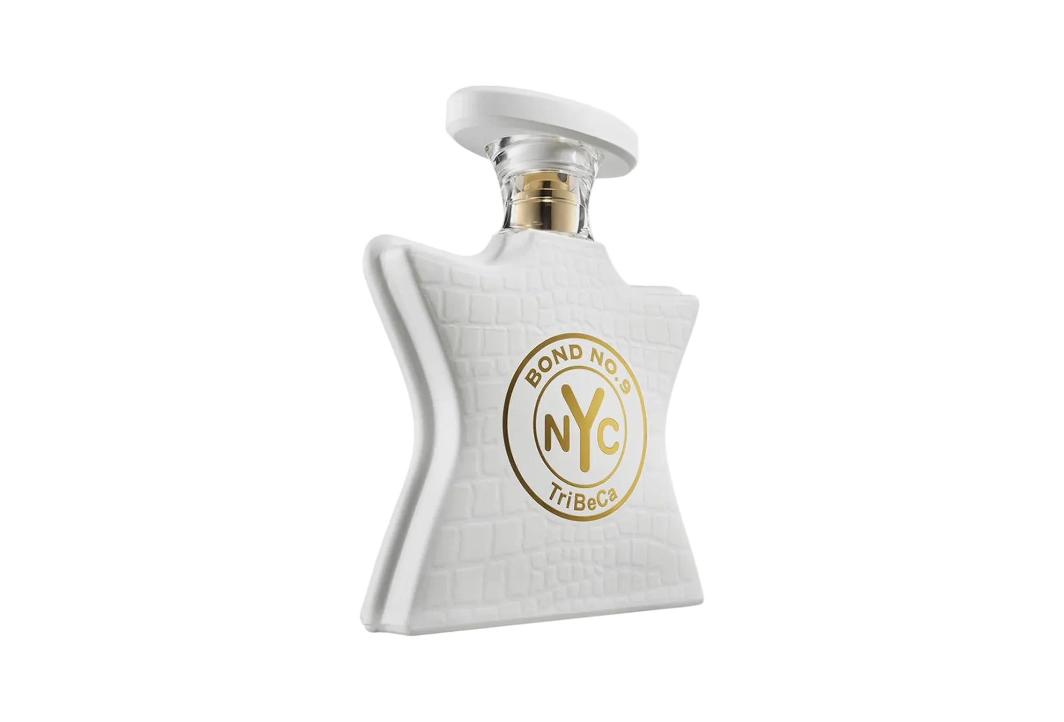 White perfume bottle with gold logo on a white background