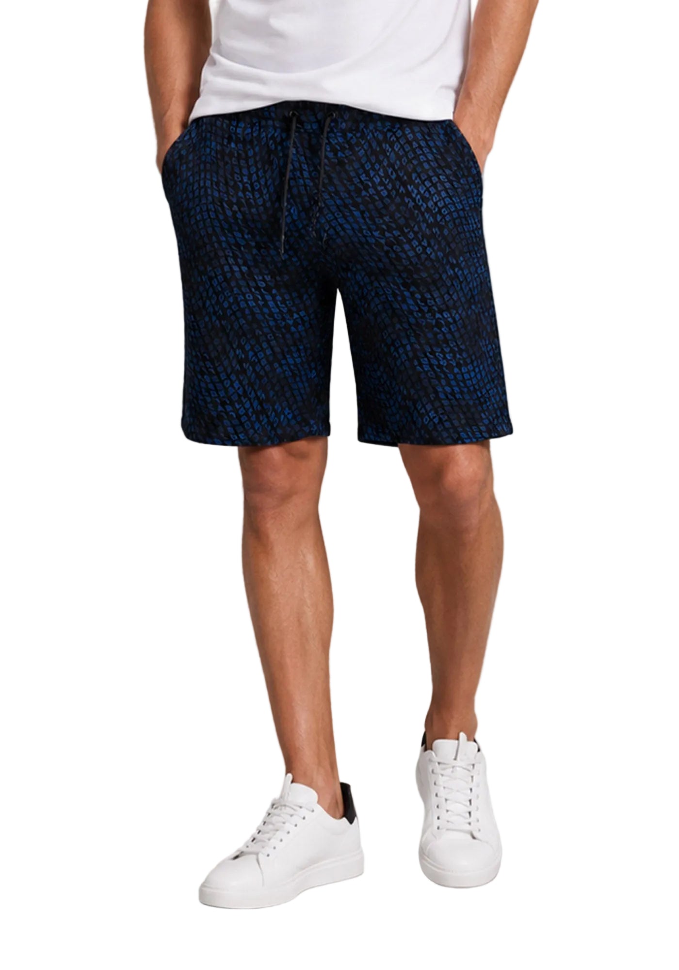 Dark blue men's sweat shorts with a black all-over abstract pattern, elasticated drawstring waistband, and side pockets.