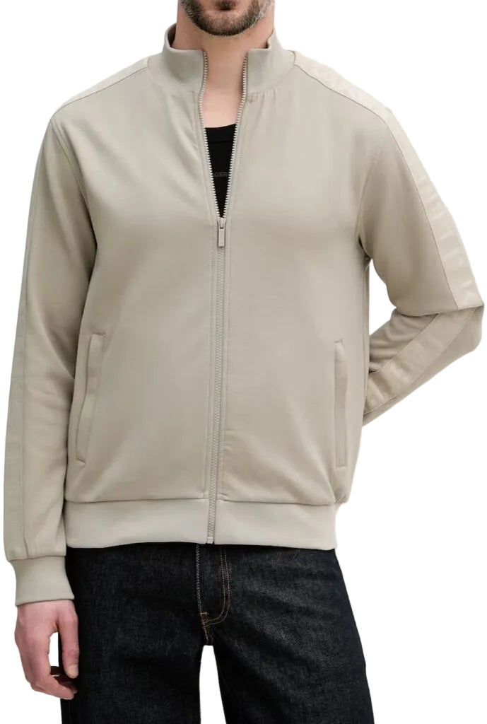 Karl Lagerfeld men's khaki grey full-zip bomber jacket with stand collar, ribbed trims, and tonal logo tape sleeves.