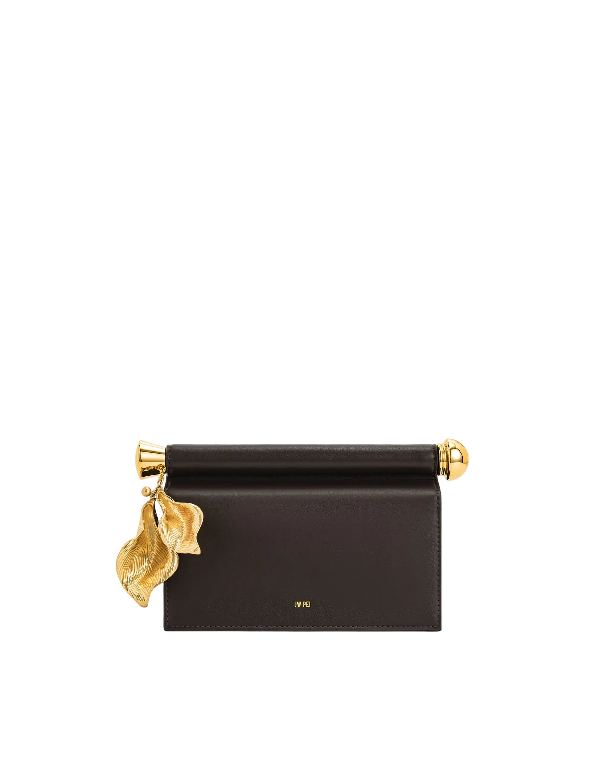 Dark brown clutch with a gold-toned metal bar across the top. Two gold-toned leaf pendants hang from the left end. 'JW PEI' i