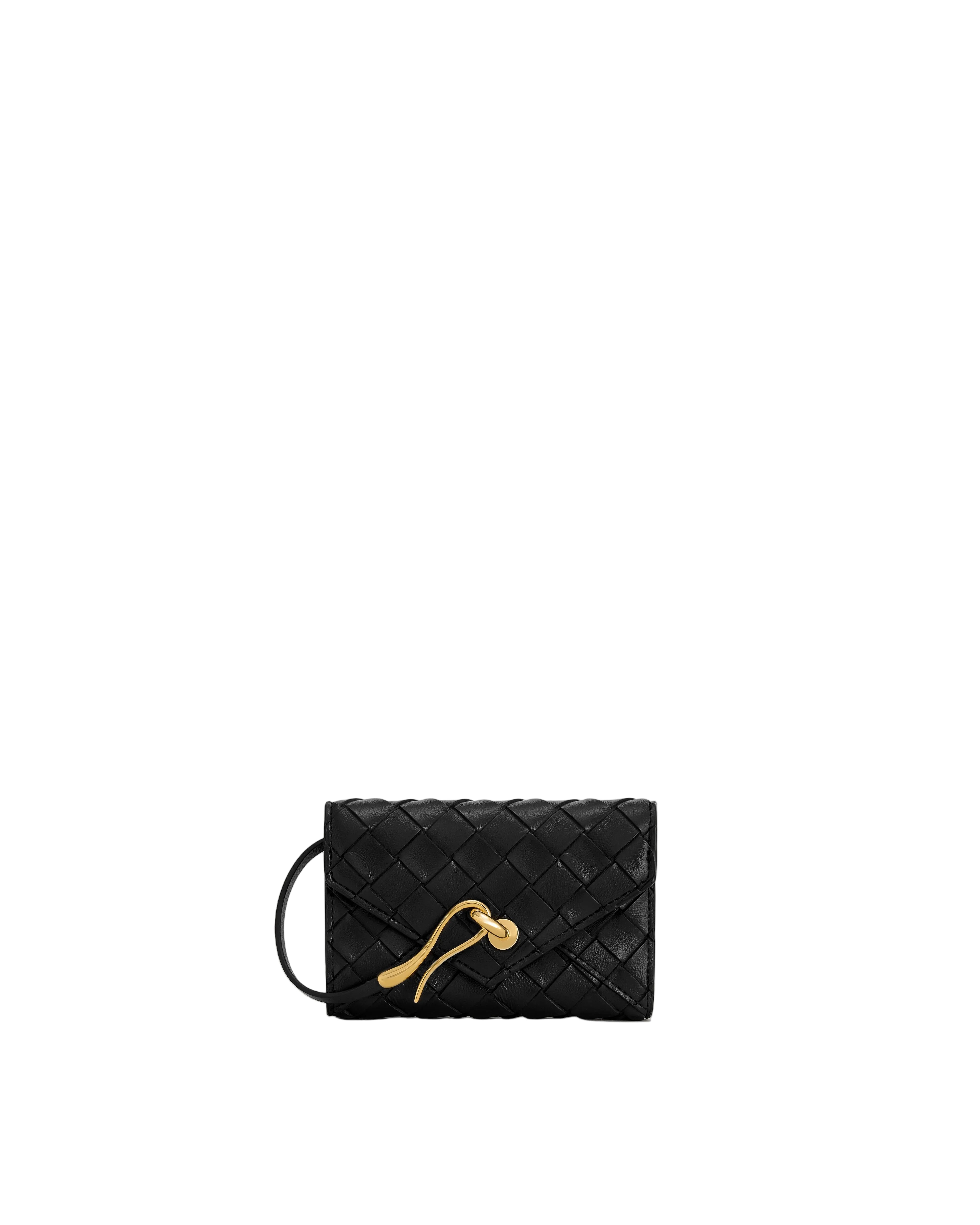 Black woven textured envelope wallet with a flap closure and abstract gold-toned hardware, featuring a side loop strap.