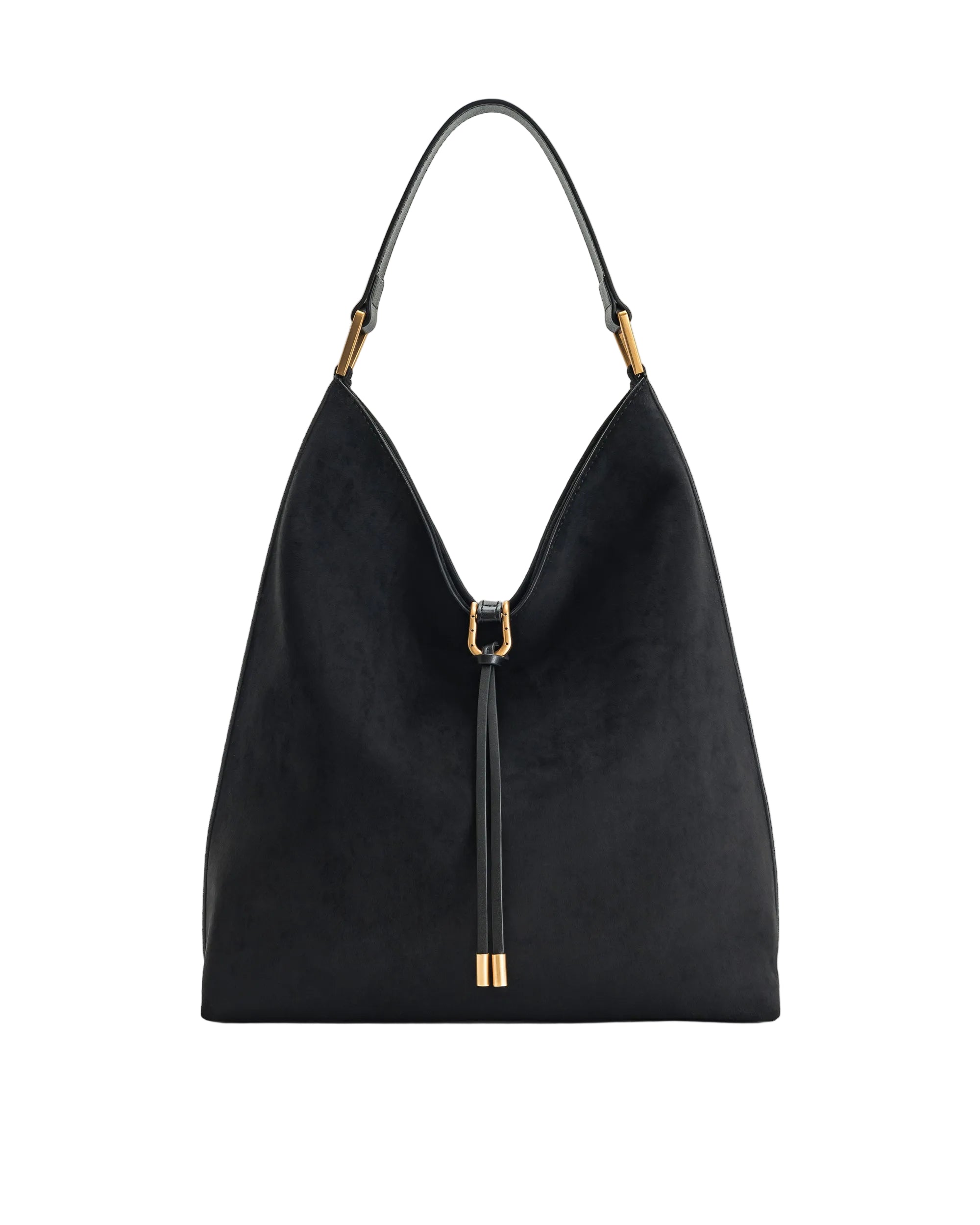 Black faux suede shoulder bag with a single strap and gold-toned hardware, featuring two decorative tassels on the front.