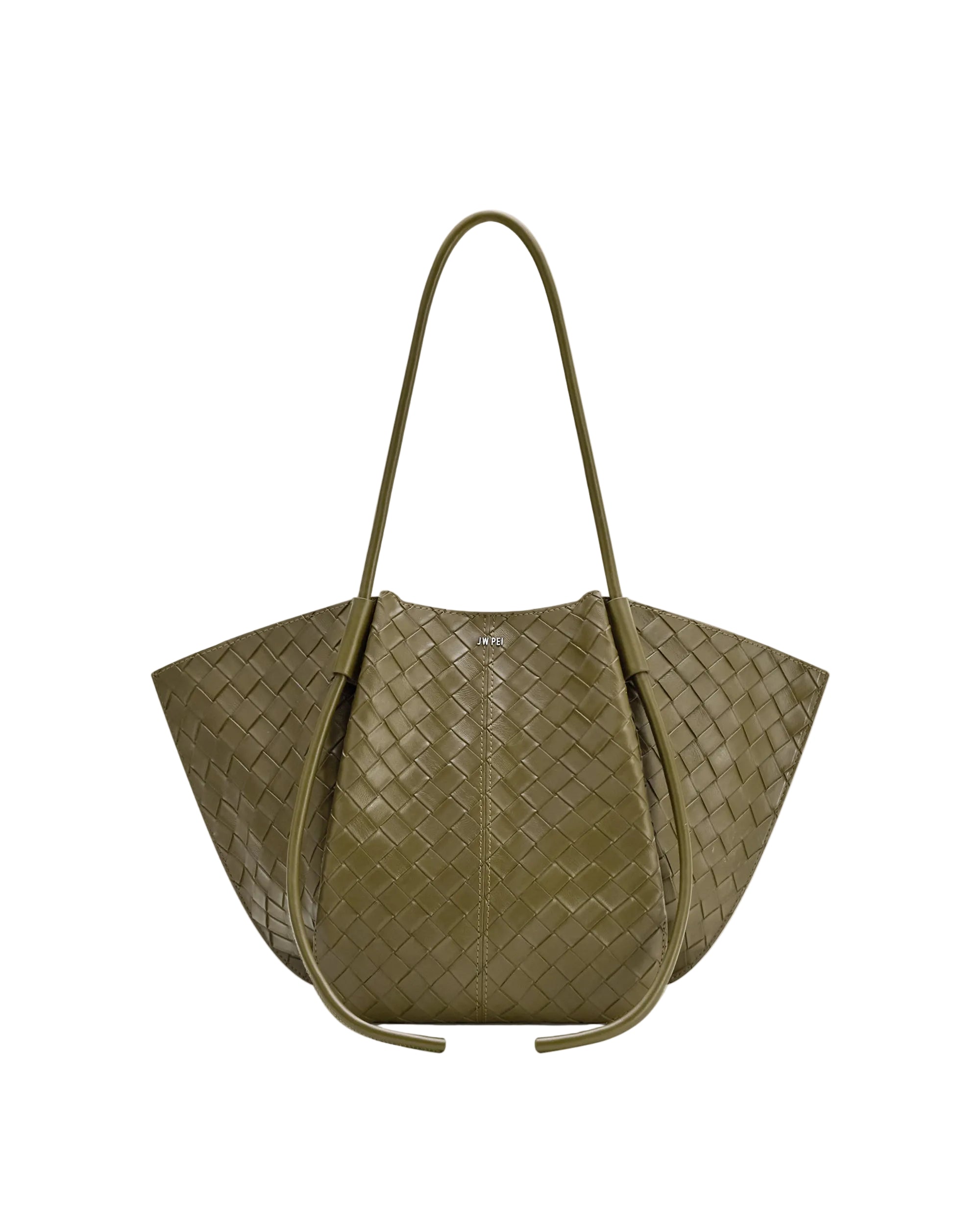 JW PEI Nala wide tote bag in deep olive green with a woven texture on the side panels and smooth central section.