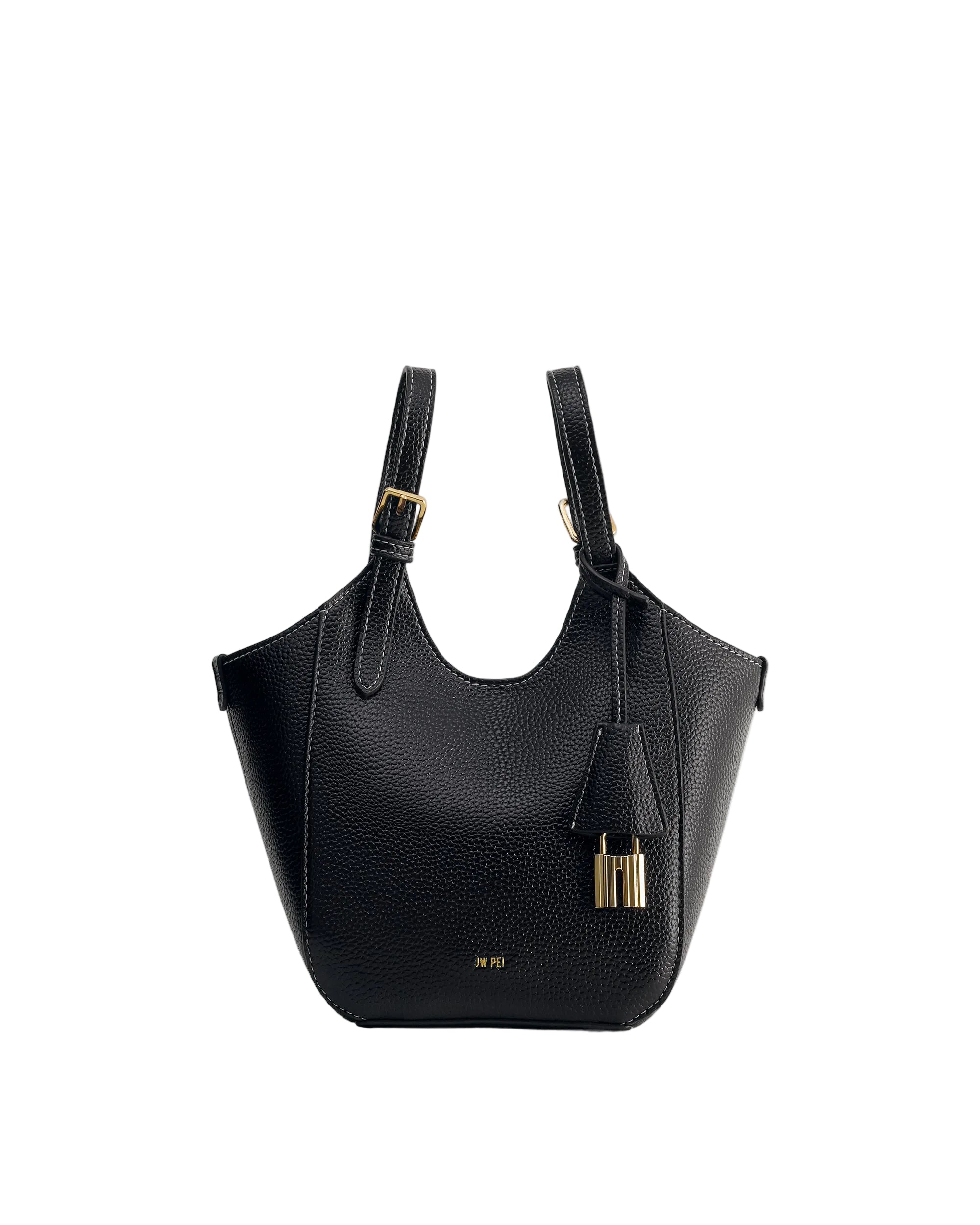 Black pebbled leather tote bag with a curved top, two top handles, white contrast stitching, and a gold-toned padlock charm.