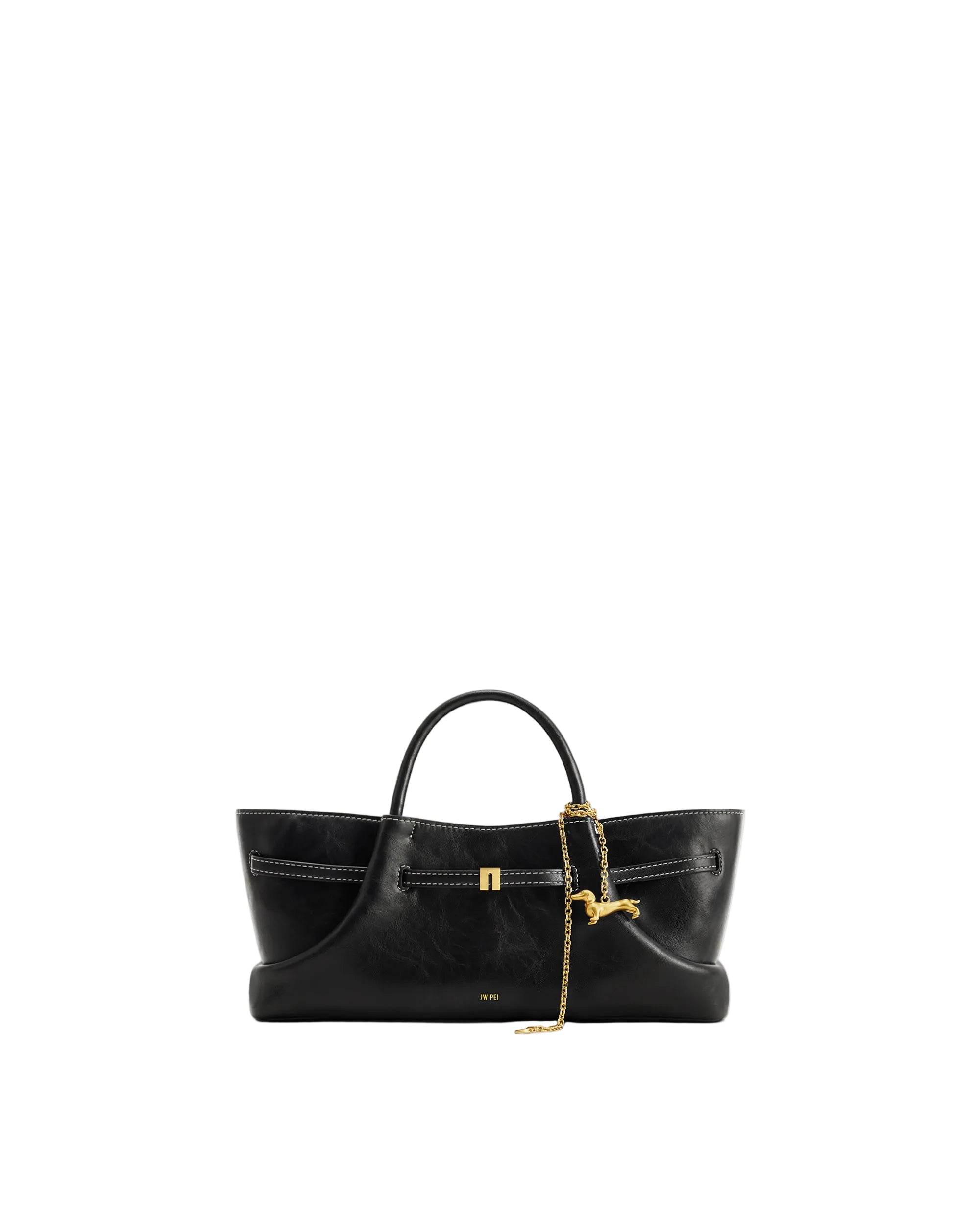 Black structured tote bag with two top handles, a gold-toned buckle, white contrast stitching, and a gold dachshund charm.