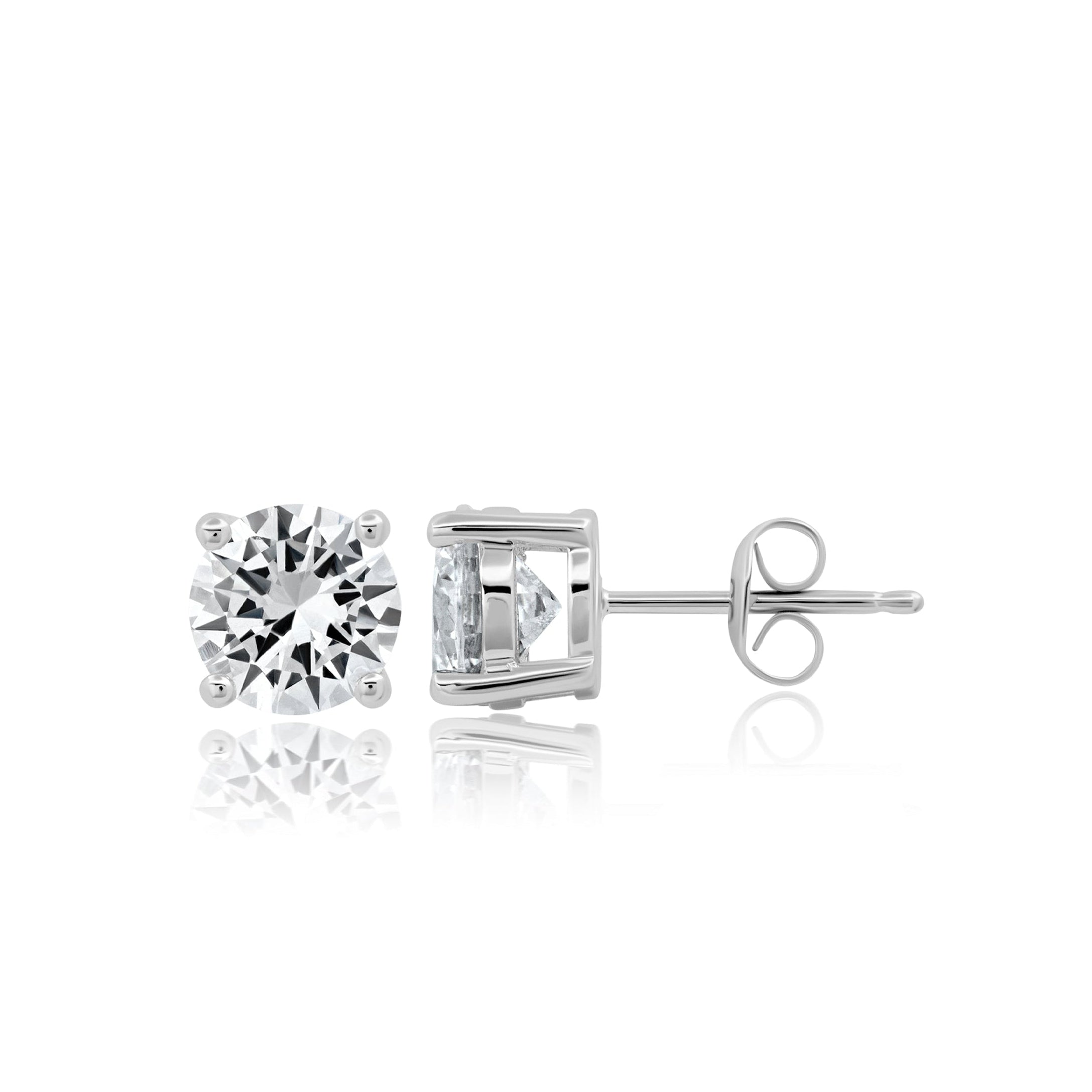 Pair of silver-toned stud earrings, each featuring a clear, round brilliant cut stone held by four prongs, with butterfly bac