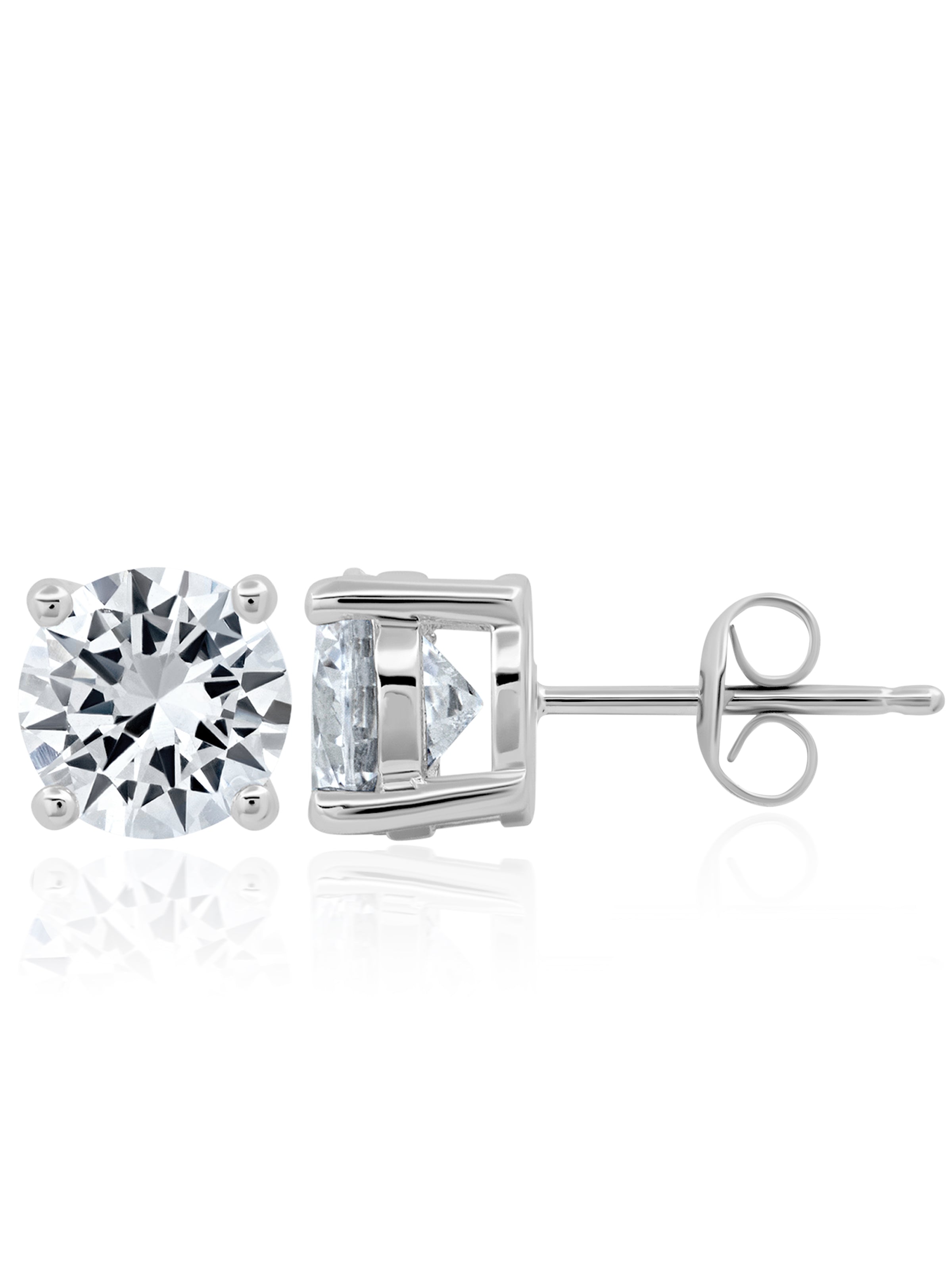 Pair of silver-toned stud earrings, each with a round, clear faceted stone in a four-prong setting and post-back closure.