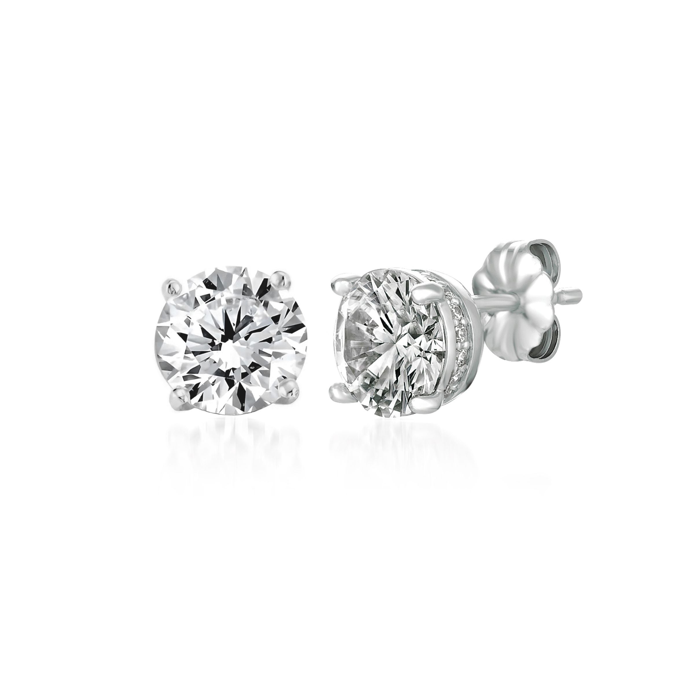 Pair of silver-toned stud earrings, each with a large clear round brilliant-cut stone and a band of smaller clear pave stones