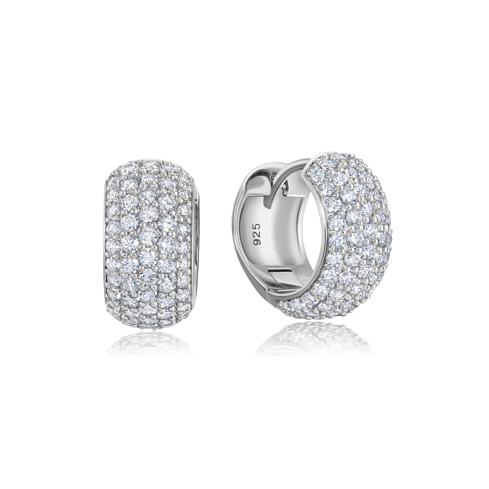 Pair of silver-toned round hoop earrings, entirely covered in clear pave-set stones, with a hinged closure.