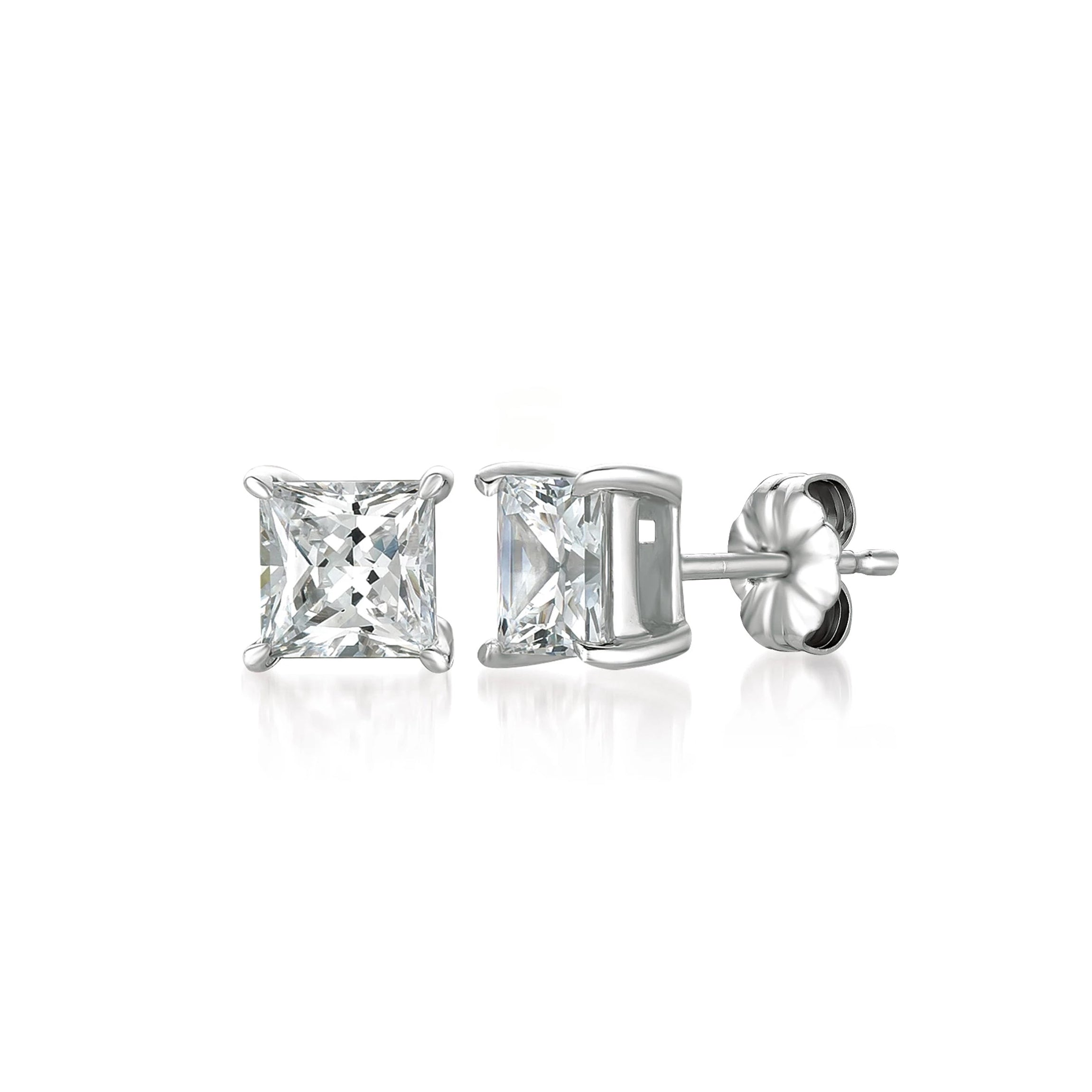 Pair of silver-toned stud earrings, each featuring a clear princess-cut stone held by four prongs, with butterfly backs.