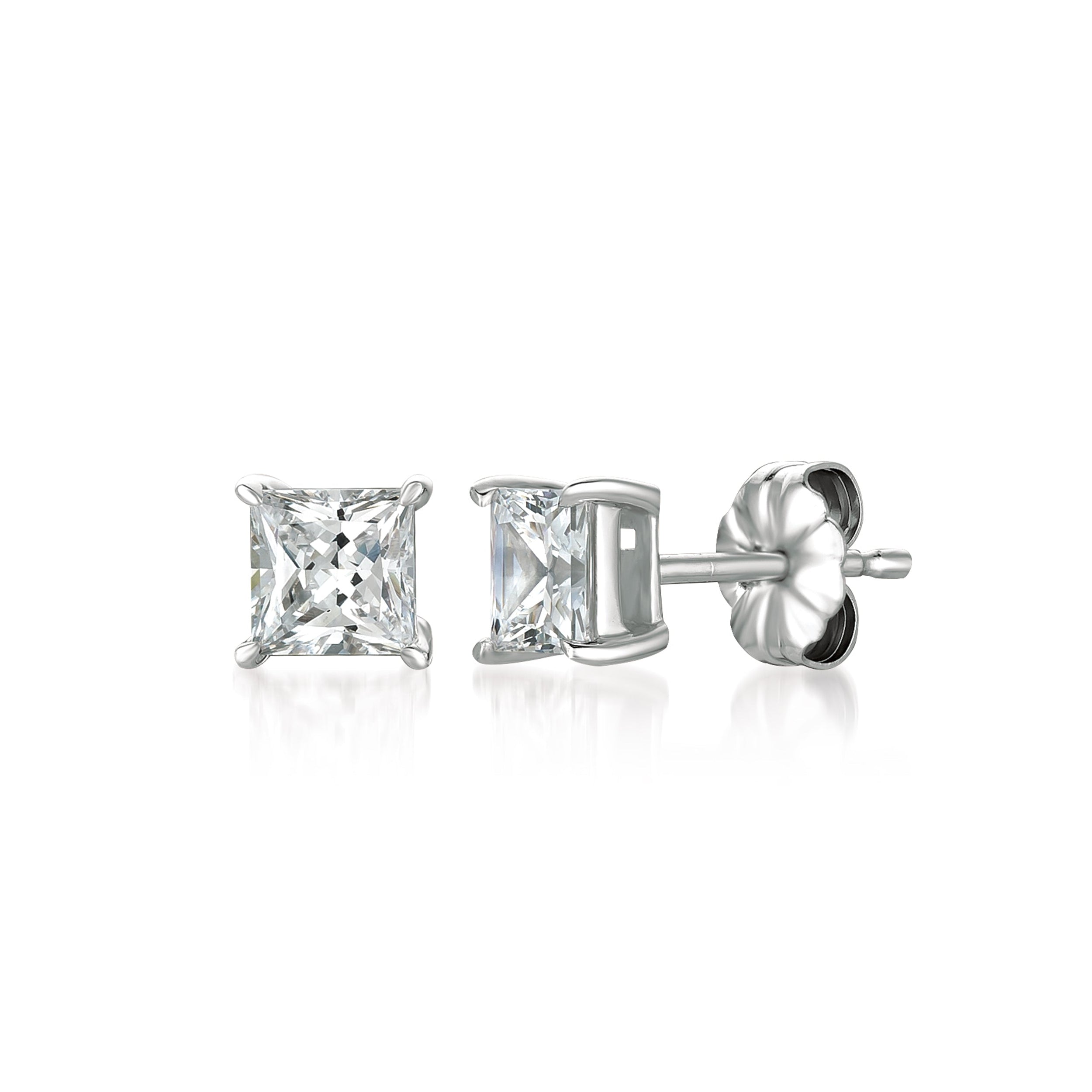 Pair of silver-toned princess cut stud earrings with clear faceted stones and butterfly backs.