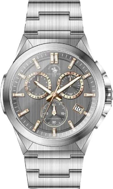 Silver-toned men's chronograph watch with a dark grey brushed dial, rose gold-toned accents, and a metal link bracelet.