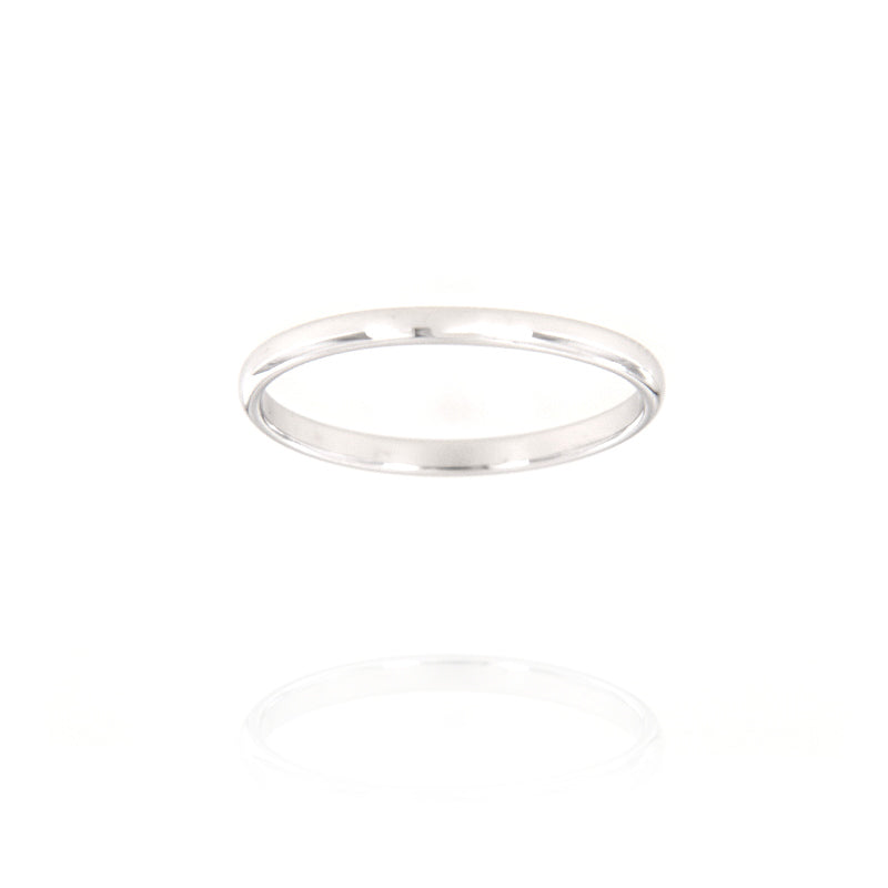Simple silver-toned classic band ring with a smooth, highly polished, gently domed surface.