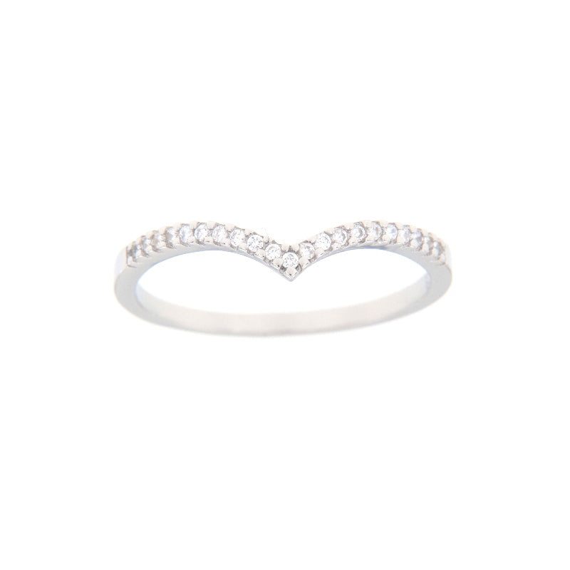 Silver-toned V-shape ring with a row of clear round zircon stones set along the upper band.