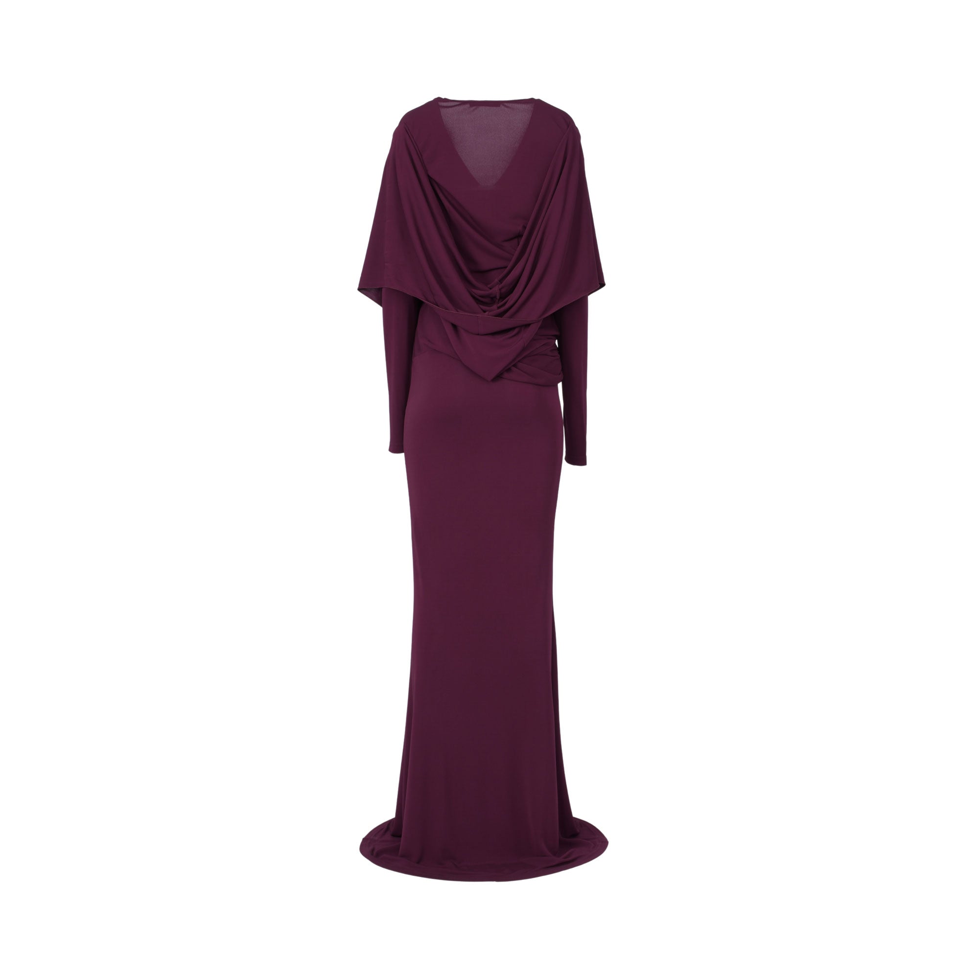 Studio product photograph showcasing the back view of the Alberta Ferretti women's evening gown in plum jersey, detailing its dramatic cape-like overlay and fluid cowl back design against a plain white background.