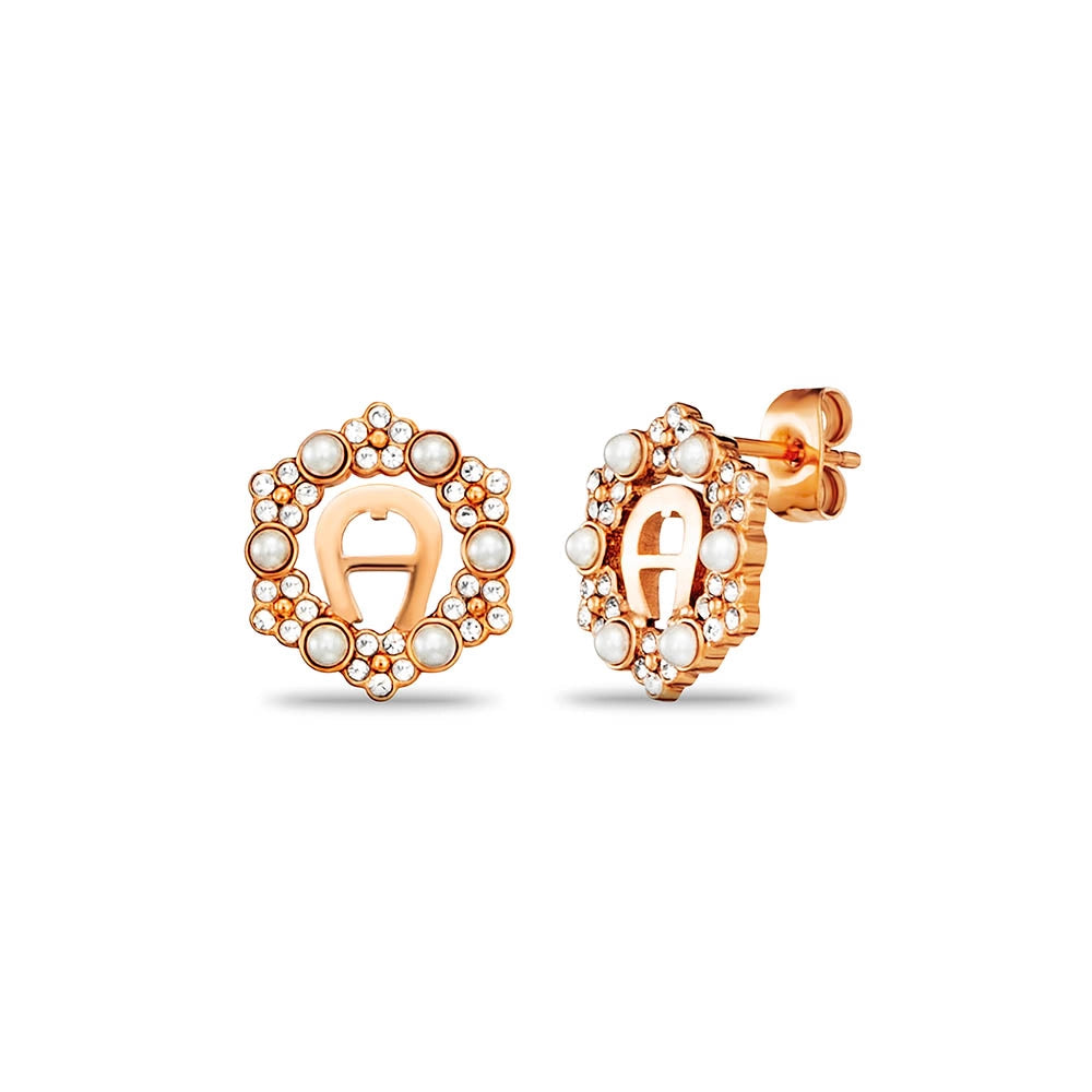 Pair of rose gold-toned Aigner hexagonal stud earrings with a central 'A' logo, surrounded by white pearls and clear crystals