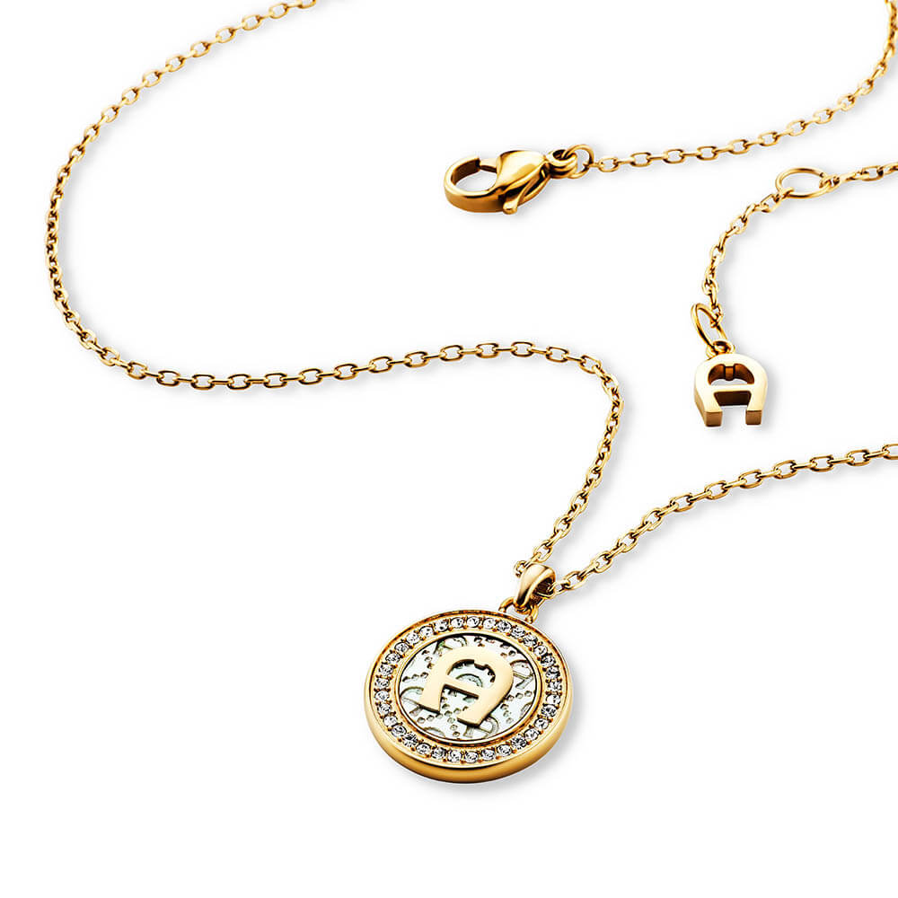 Gold-toned Aigner Brunella short necklace with a circular pendant featuring the Aigner 'A' logo and clear crystal embellishme