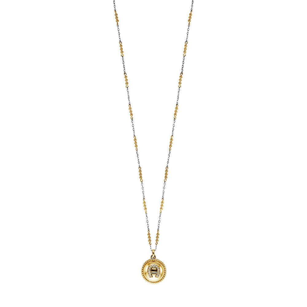 Aigner short necklace with two-toned chain (silver-toned links, gold-toned beads) and gold-toned circular pendant with 'A' lo