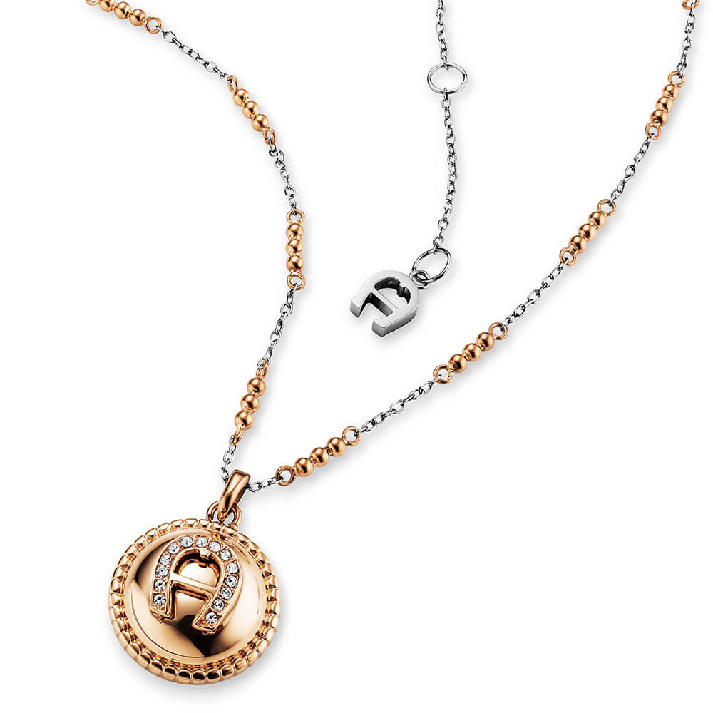 Rose gold-toned and silver-toned stainless steel short necklace with a circular rose gold-toned pendant featuring a crystal-e
