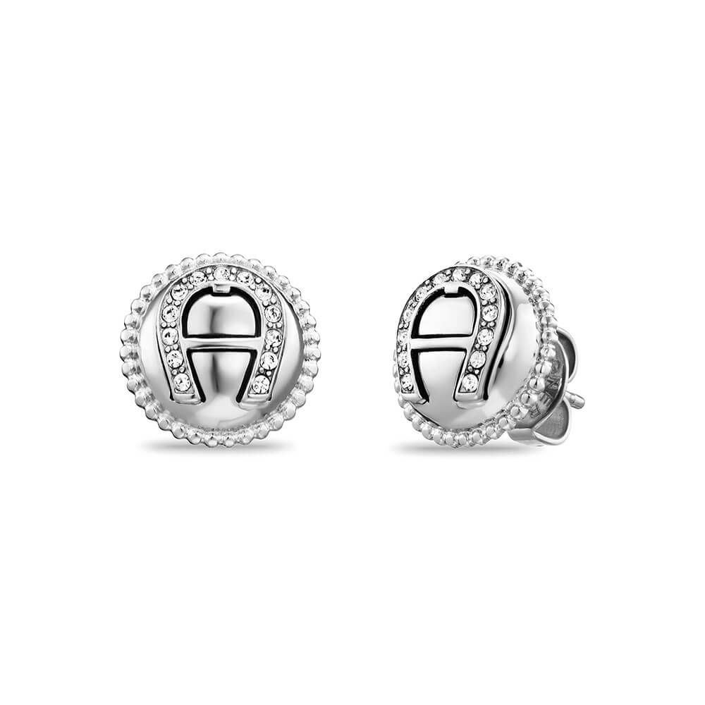Pair of silver-toned Aigner stud earrings with a crystal-embellished horseshoe logo and beaded outer edge.