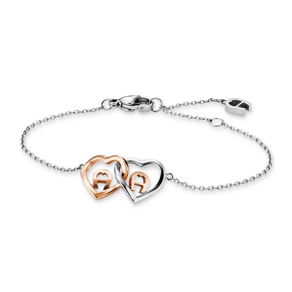 Silver-toned chain bracelet with a rose gold-toned and a silver-toned interlocking heart charm, each featuring an Aigner 'A'
