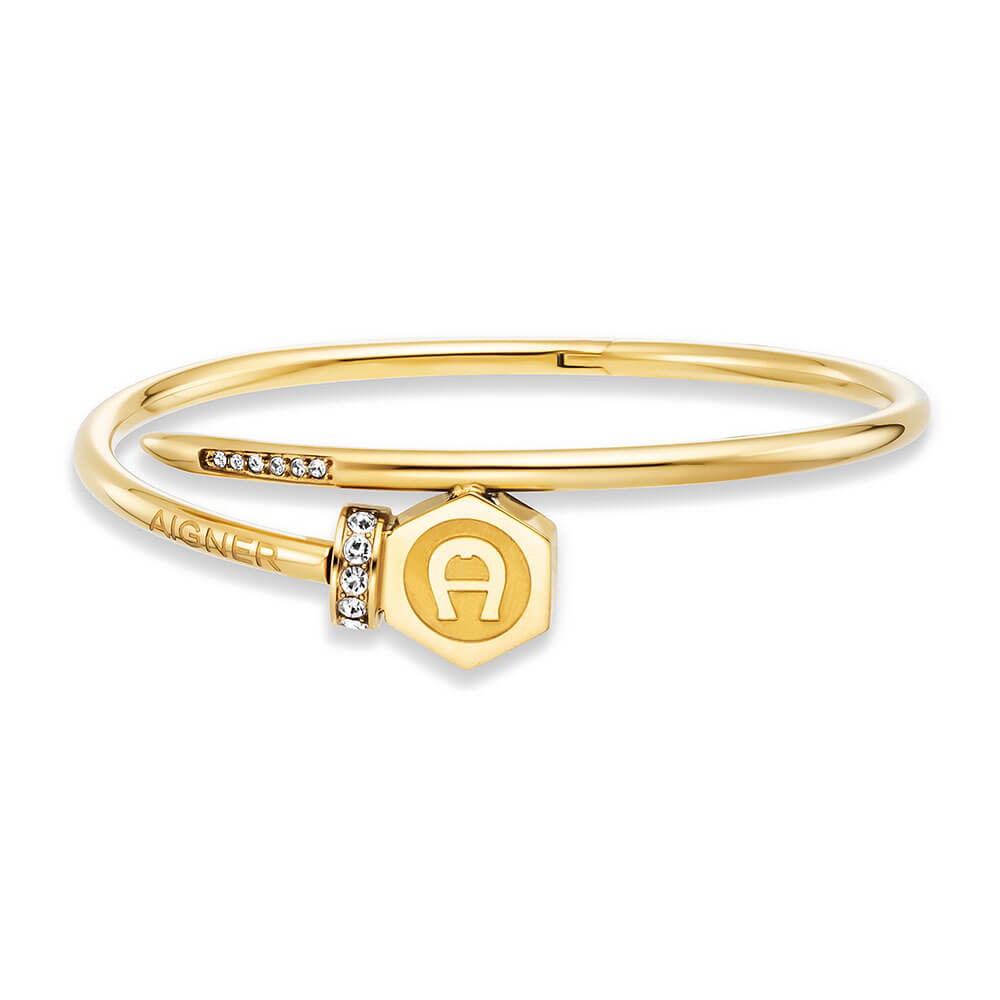 Gold-toned stainless steel bangle bracelet with nail-head design, clear stones, and Aigner 'A' logo charm.