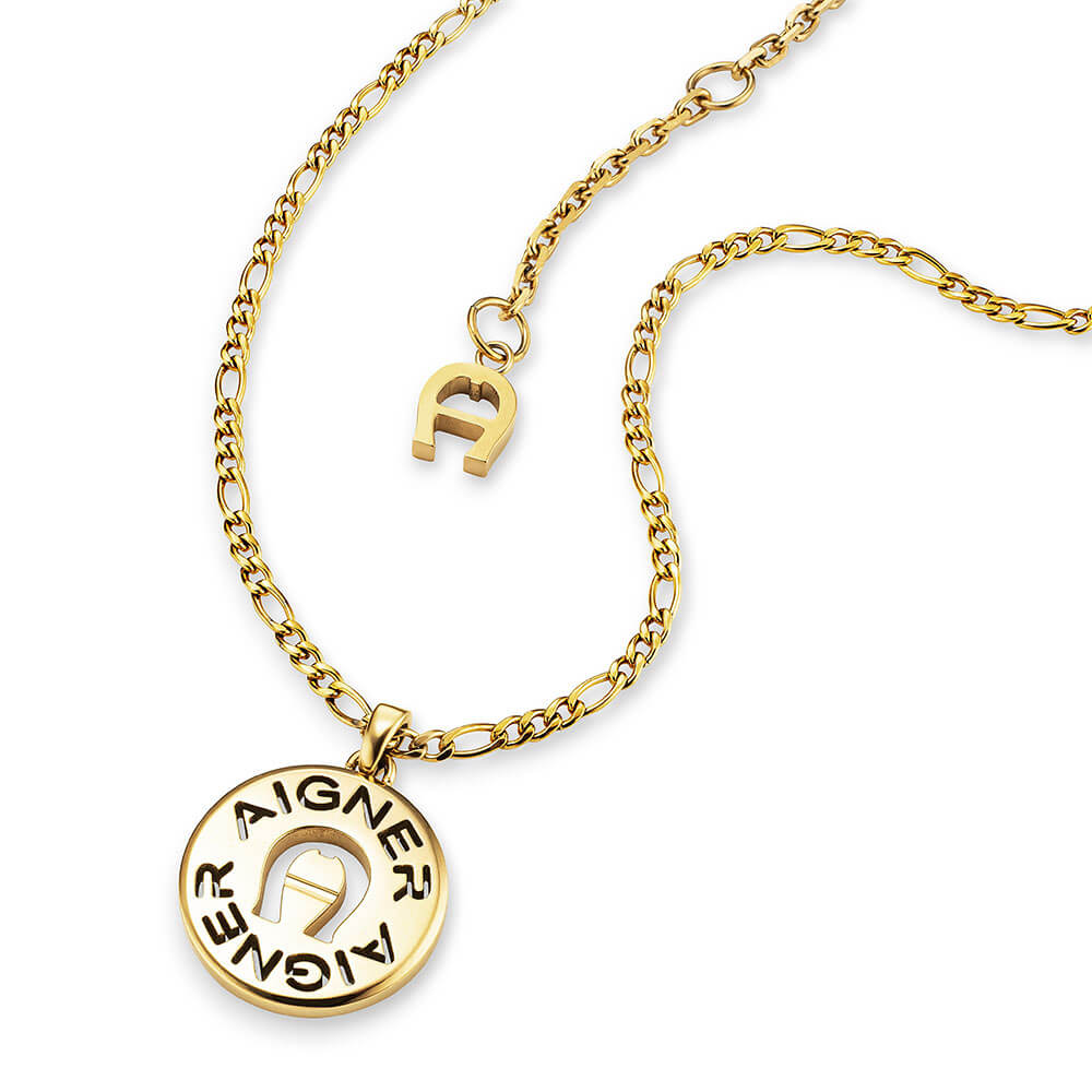 Gold-toned Aigner short necklace with a round cutout logo pendant and a figaro chain.