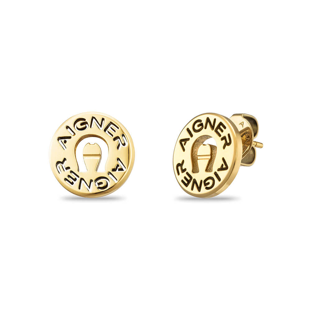 Pair of gold-toned Aigner round stud earrings with embossed brand name and horseshoe logo