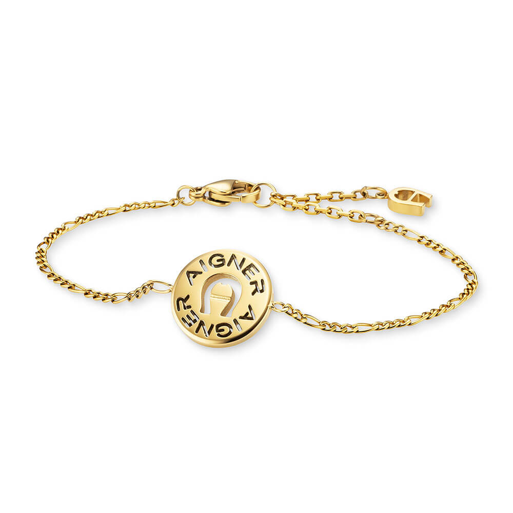 Gold-toned Aigner bracelet with a circular logo charm and figaro chain, featuring a lobster clasp and adjustable length.