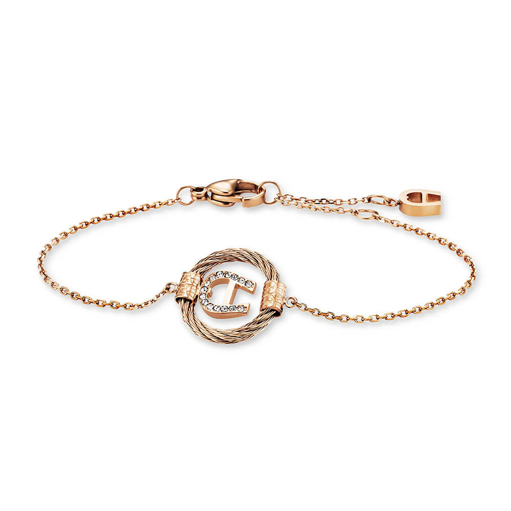 Rose gold-toned stainless steel chain bracelet with a central twisted wire ring and a stone-embellished 'A' logo.