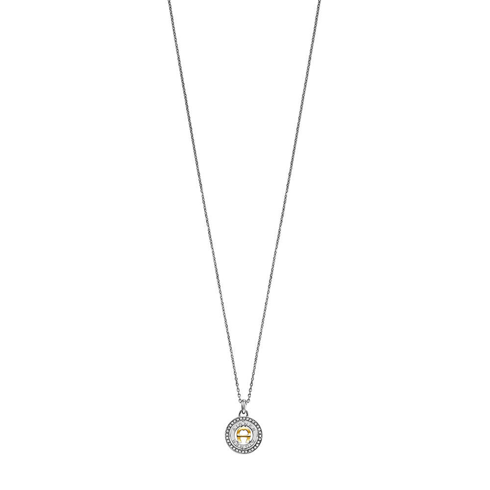 Silver-toned short necklace with a fine chain and a circular pendant featuring a gold-toned Aigner logo and clear crystal emb