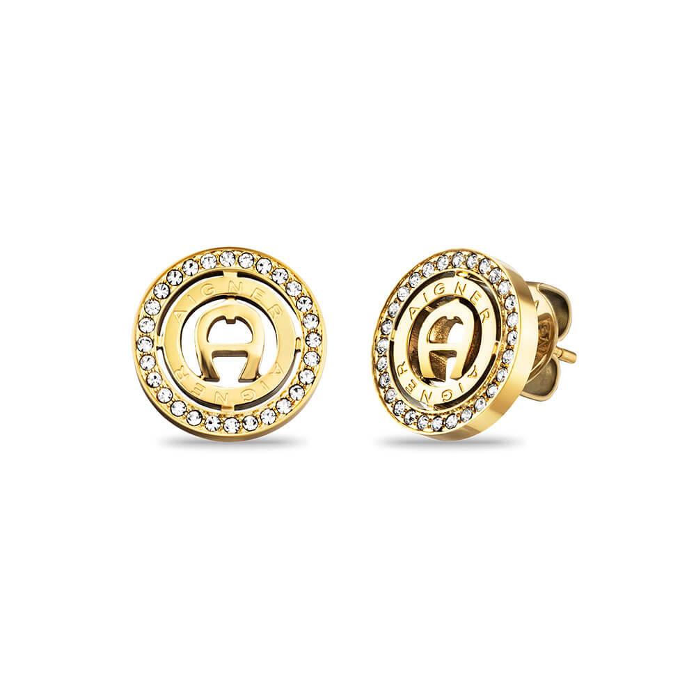 Pair of Aigner gold-toned stainless steel stud earrings with a central logo and clear faceted stones.
