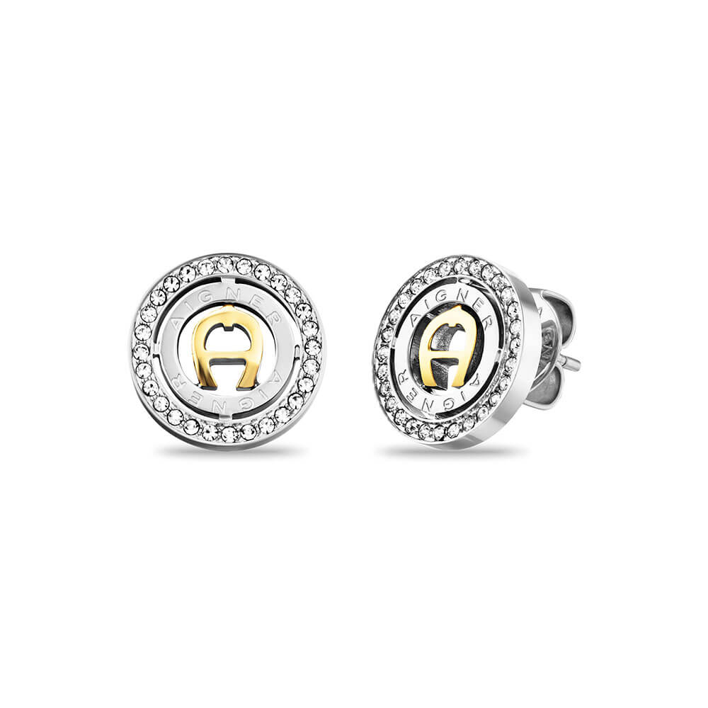 Pair of Aigner silver-toned stainless steel stud earrings with gold-toned central logo and clear crystal halo.