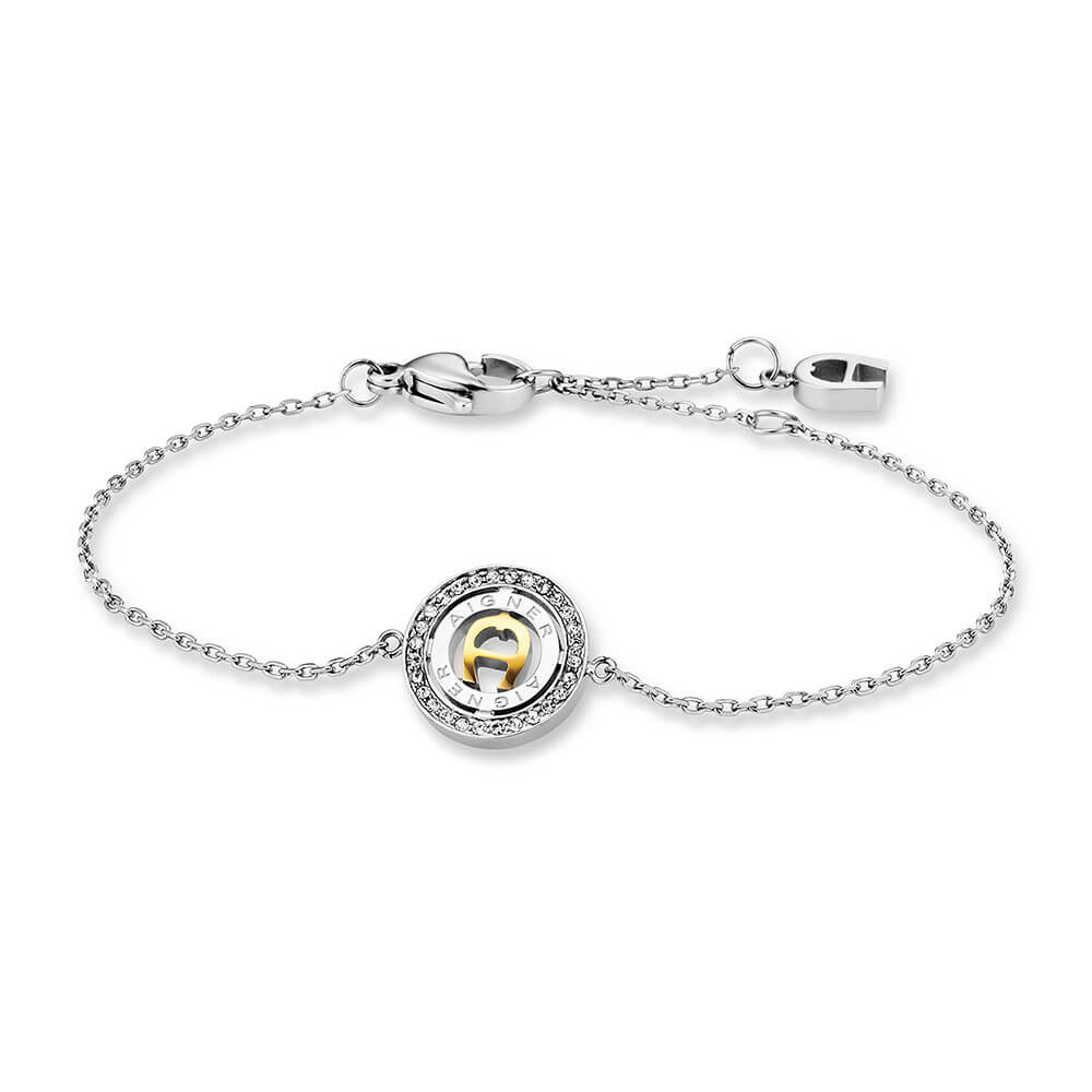 Silver-toned stainless steel chain bracelet with a central circular charm featuring a gold-toned Aigner logo and clear crysta