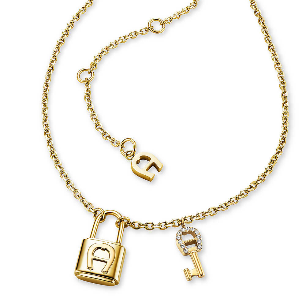 Gold-toned stainless steel short necklace with a padlock charm, a crystal-embellished key charm, and an Aigner 'A' logo charm