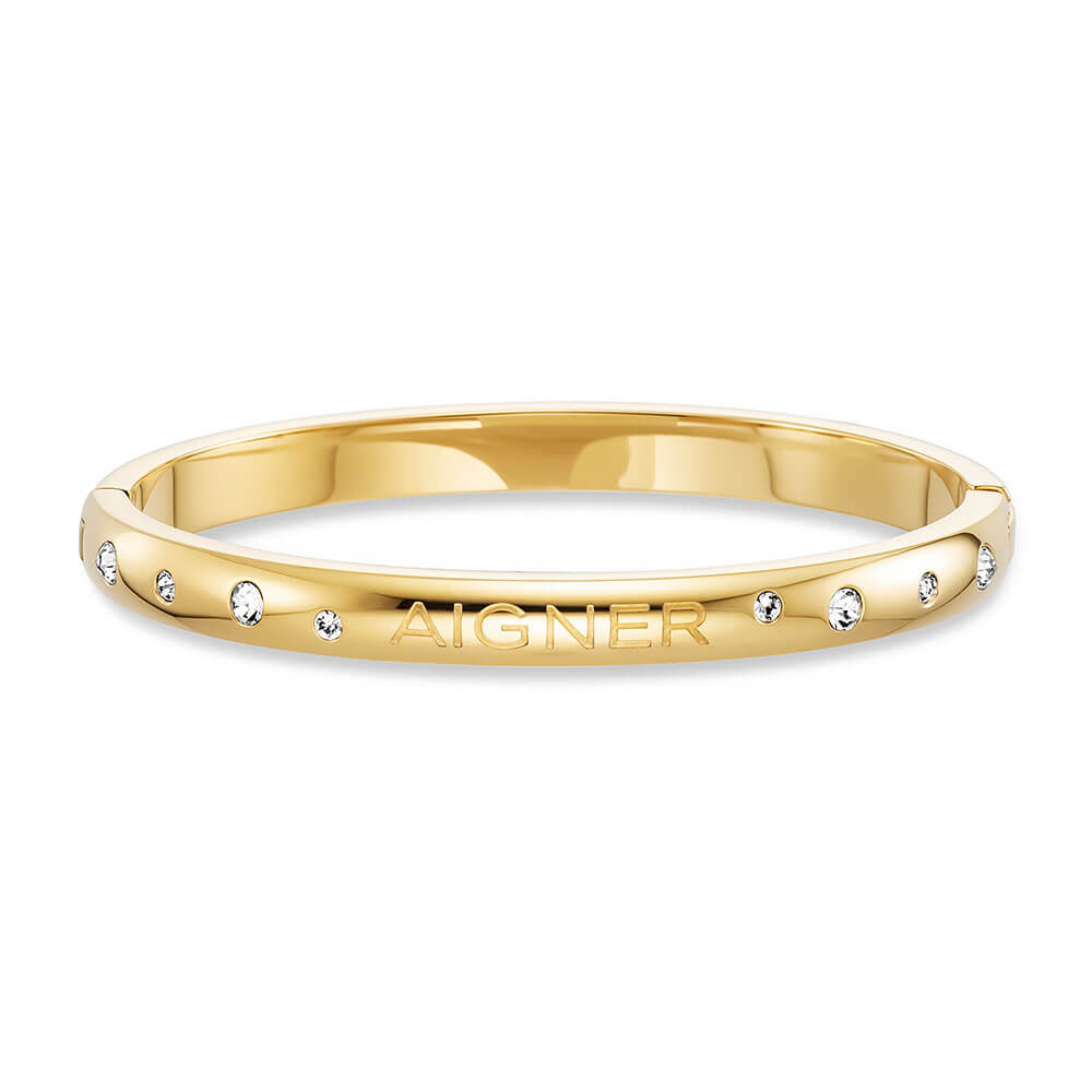Gold-toned Aigner small bangle bracelet with engraved logo and clear round stones embedded around the band.