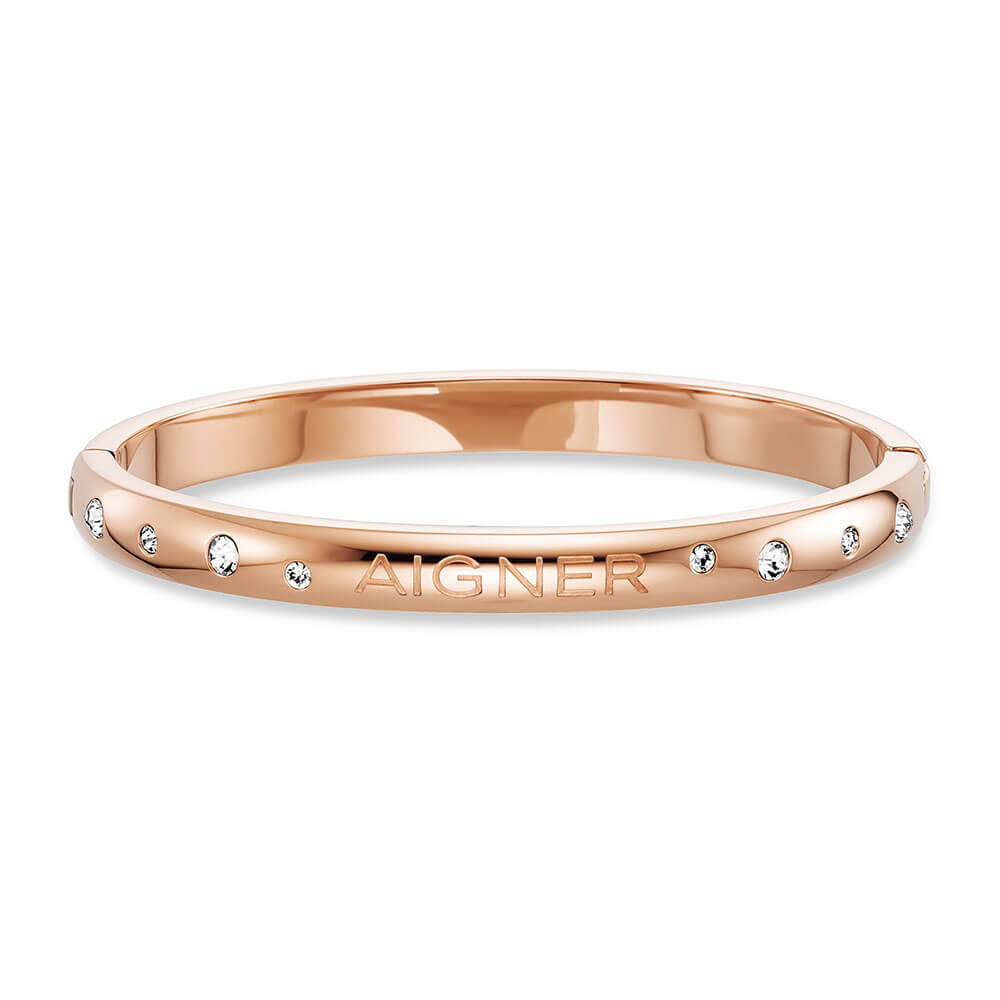 Rose gold-toned stainless steel bangle with clear faceted stones and debossed Aigner logo, featuring a hinge closure.