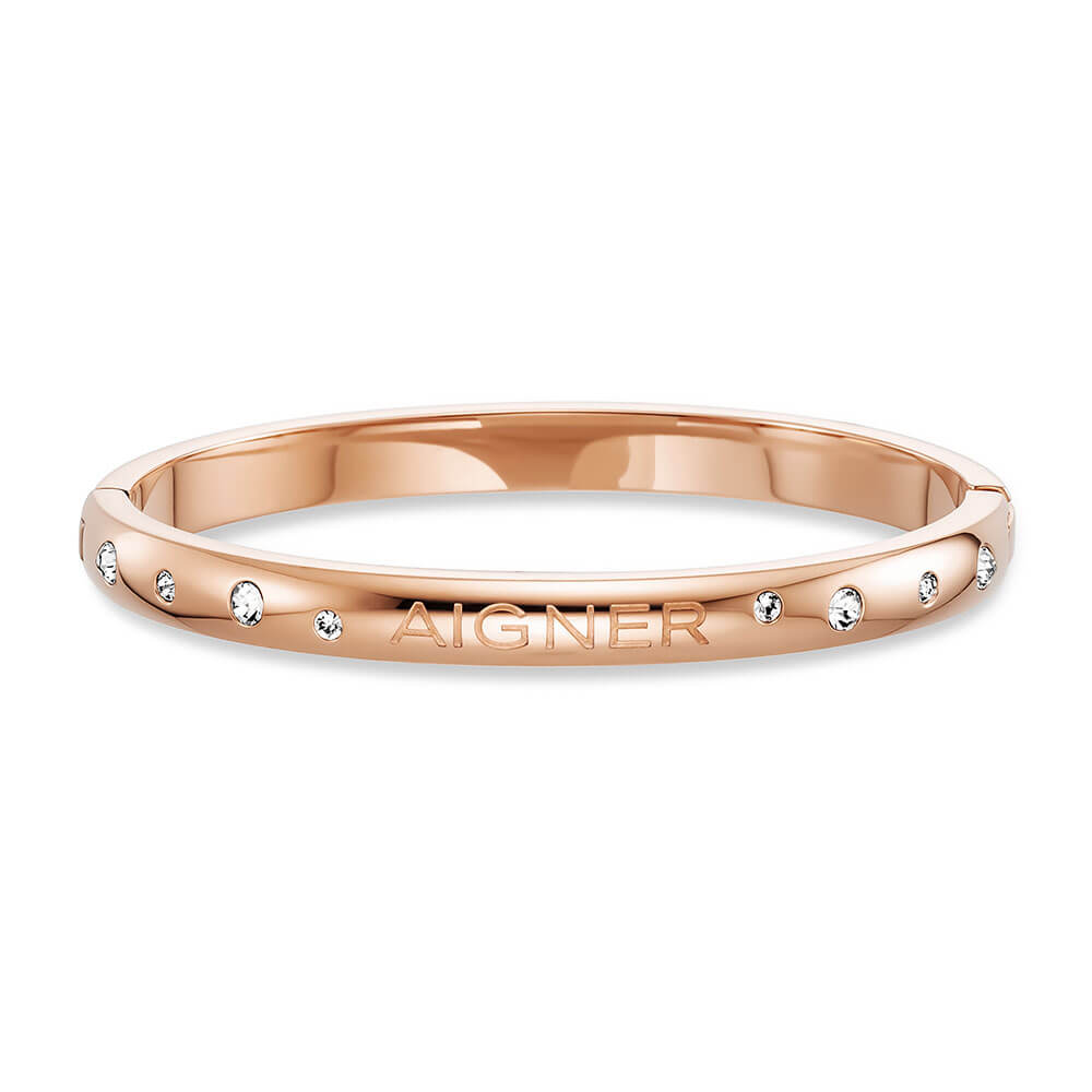 Rose gold-toned Aigner small bangle with clear crystals embedded around its circumference and the brand name engraved.