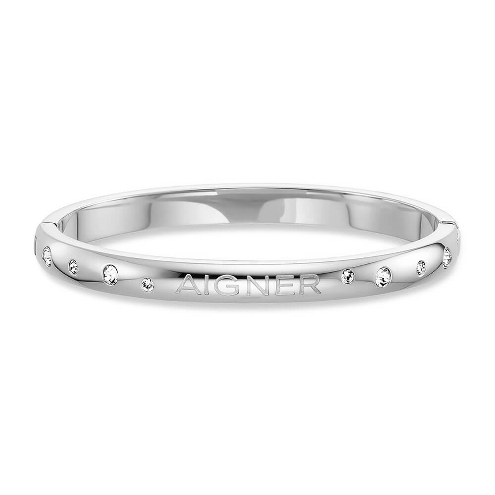 Silver-toned Aigner stainless steel bangle with clear faceted stones and engraved logo.