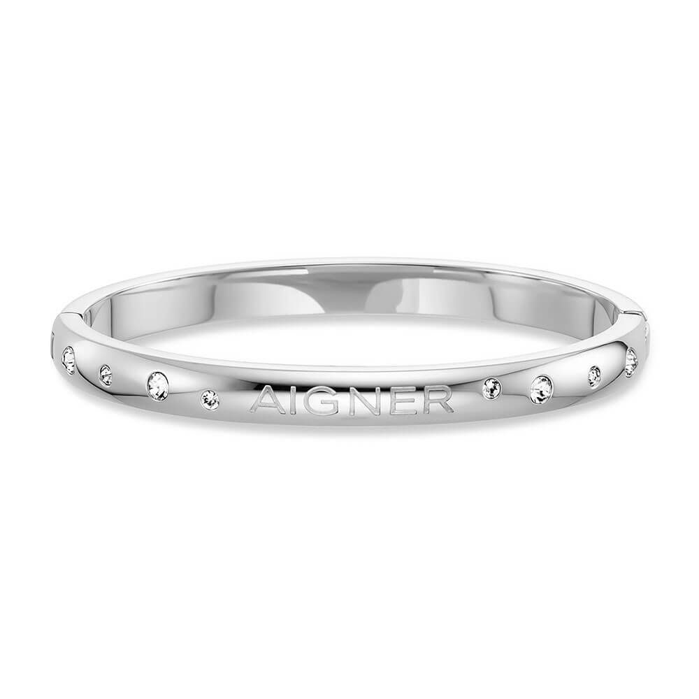 Silver-toned Aigner Kyra small bangle made of stainless steel, featuring embedded clear crystals and the Aigner logo.