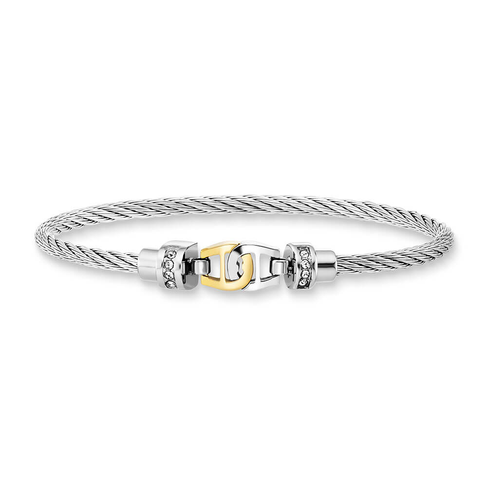Silver-toned twisted cable bangle with a gold-toned 'A' logo clasp and clear stone accents.