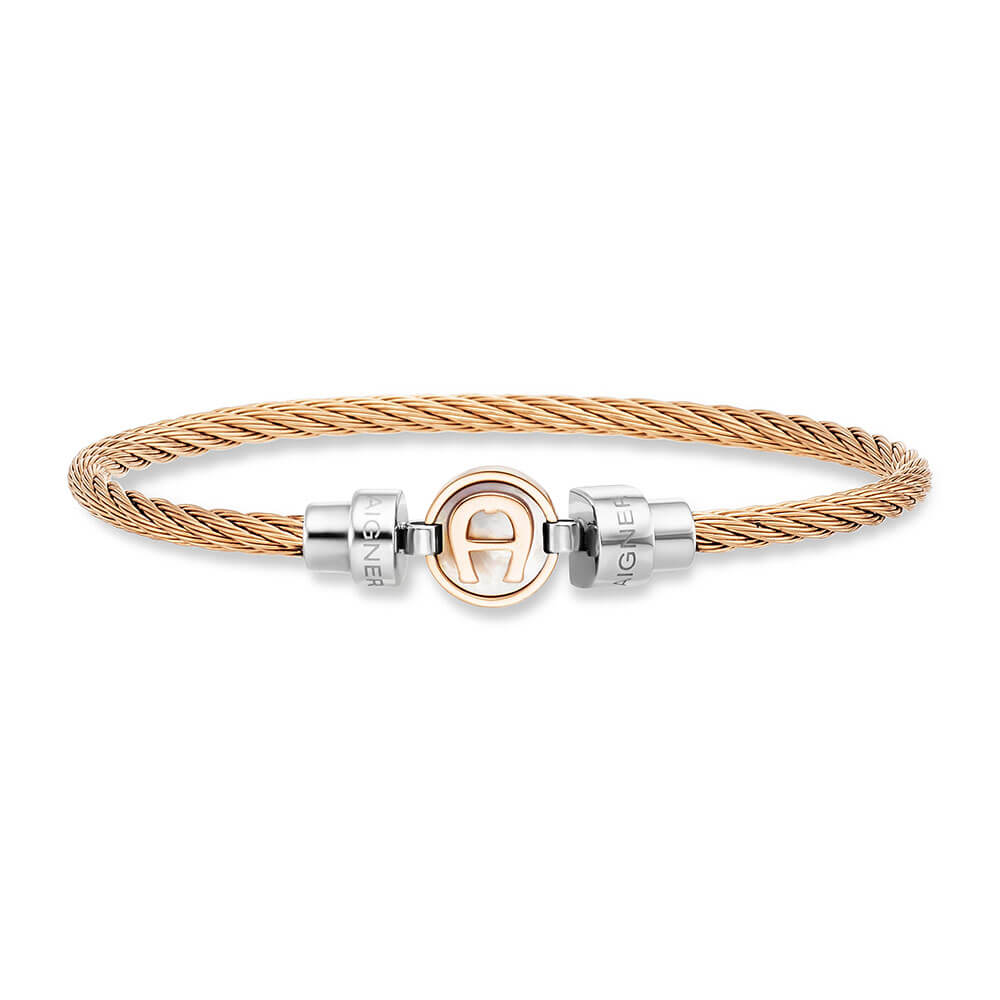 Rose gold-toned braided stainless steel bangle with silver-toned engraved Aigner beads and a central Aigner logo on iridescen