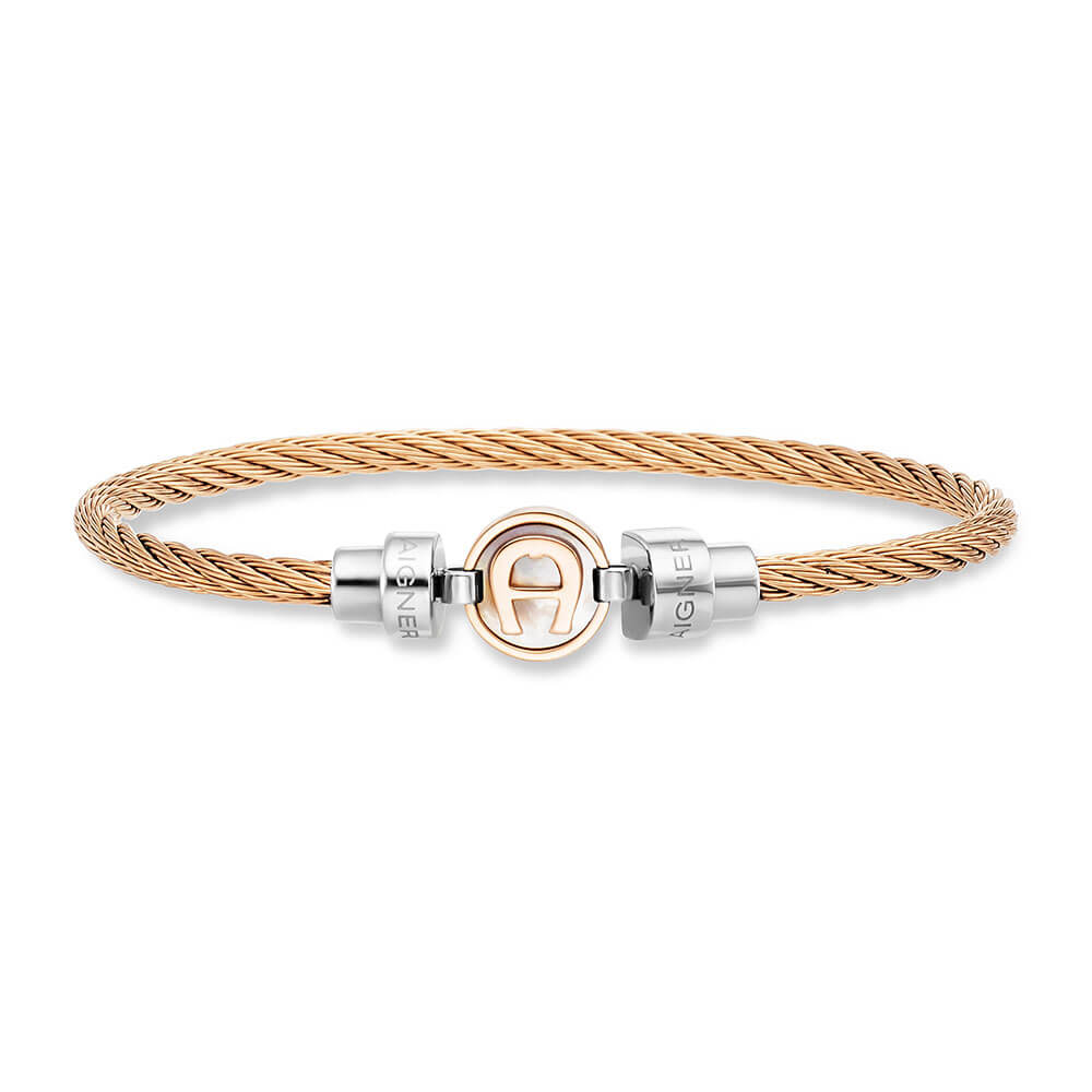 Rose gold-toned braided stainless steel bangle with a central circular Aigner logo emblem and silver-toned engraved end beads