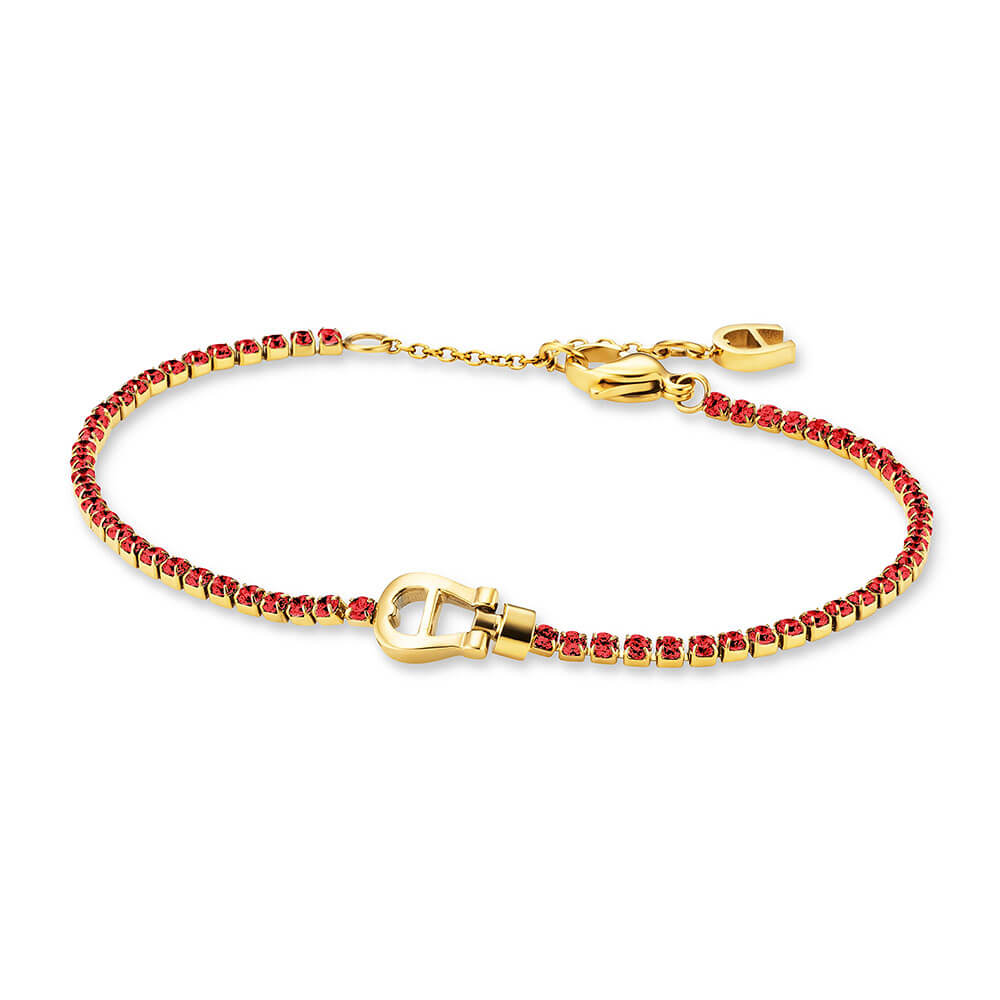 Gold-toned stainless steel bracelet with a central Aigner horseshoe logo and a continuous line of small red faceted stones.