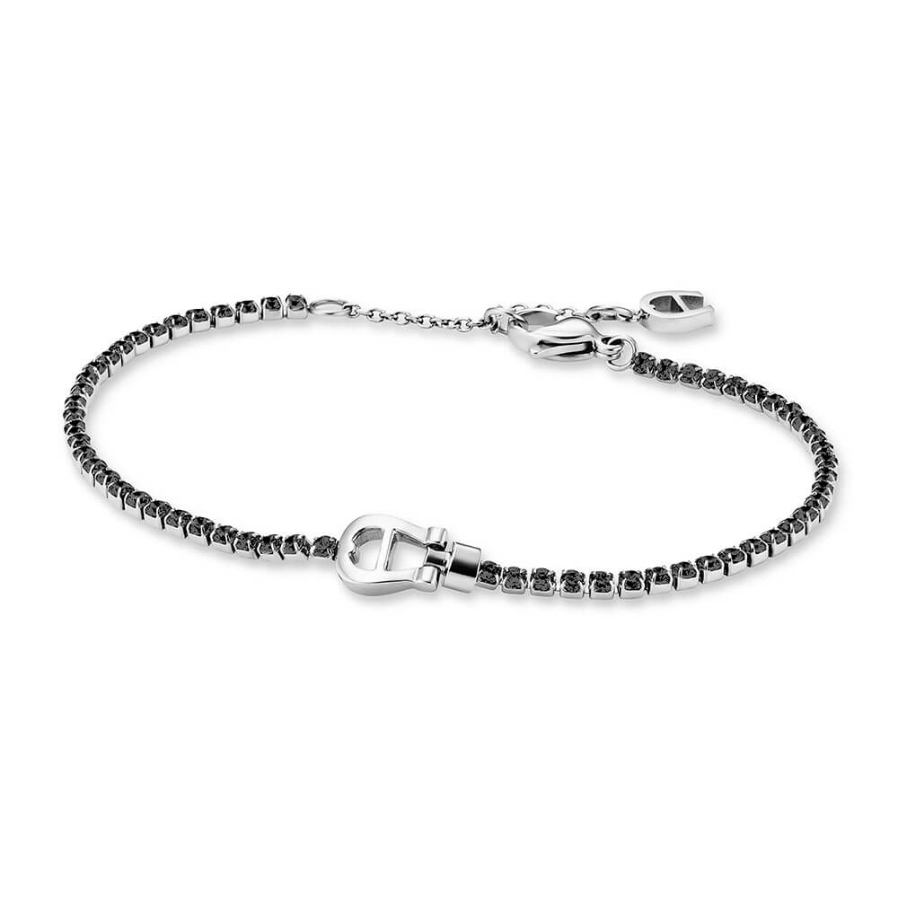 Silver-toned Aigner stainless steel chain bracelet with dark grey faceted elements and a polished horseshoe logo.