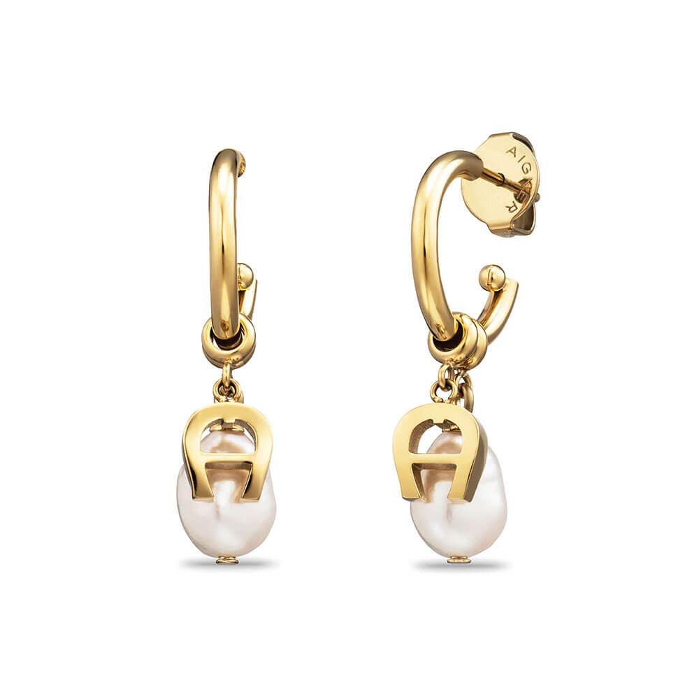 Pair of gold-toned stainless steel hoop earrings with a dangling Aigner logo charm and an irregular white pearl.